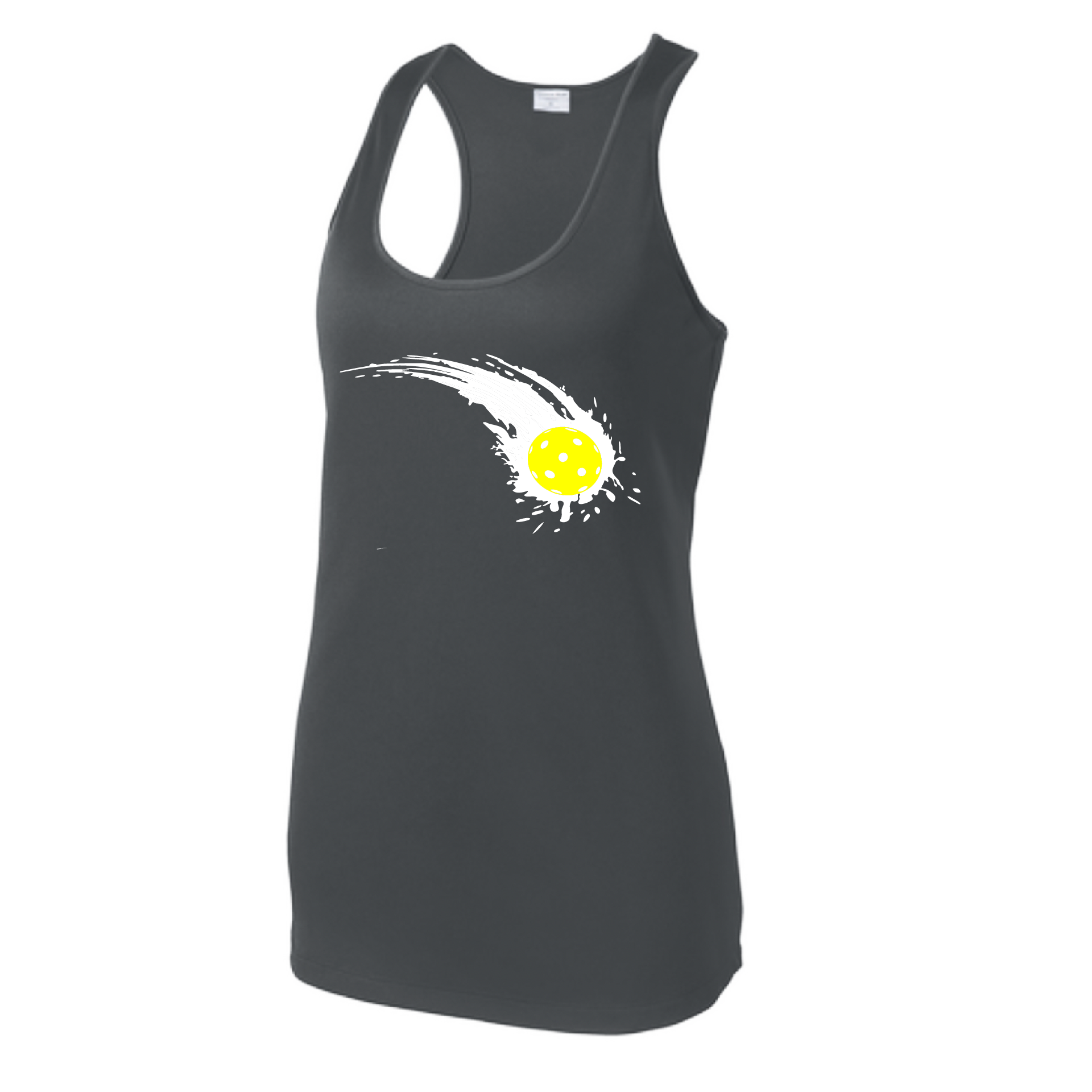 Pickleball Design: Impact  Women's Style: Racerback Tank  Turn up the volume in this Women's shirt with its perfect mix of softness and attitude. Material is ultra-comfortable with moisture wicking properties and tri-blend softness. PosiCharge technology locks in color. Highly breathable and lightweight.