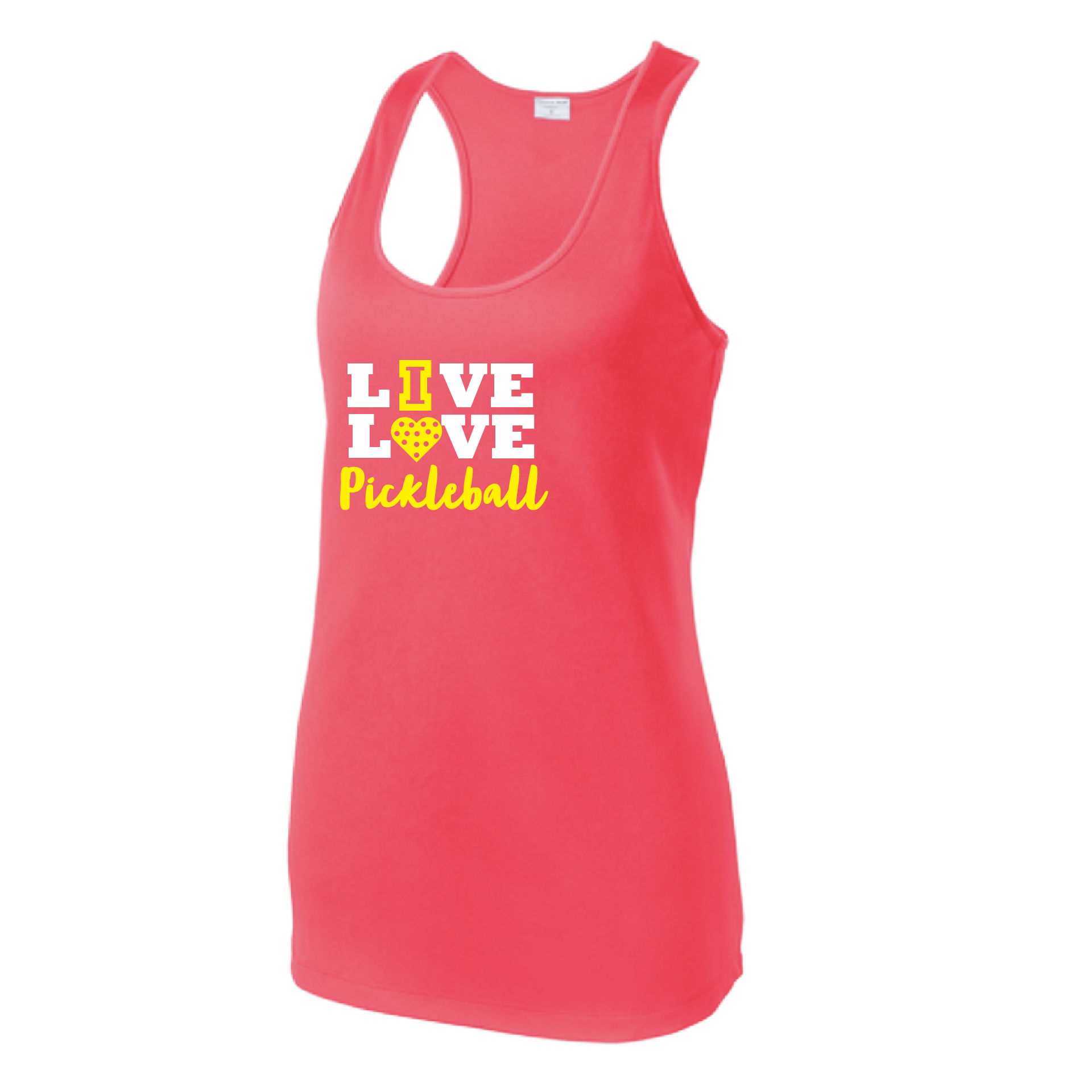 Pickleball Design: Live Love Pickleball  Women's Styles: Racerback Tank  Turn up the volume in this Women's shirt with its perfect mix of softness and attitude. Material is ultra-comfortable with moisture wicking properties and tri-blend softness. PosiCharge technology locks in color. Highly breathable and lightweight.