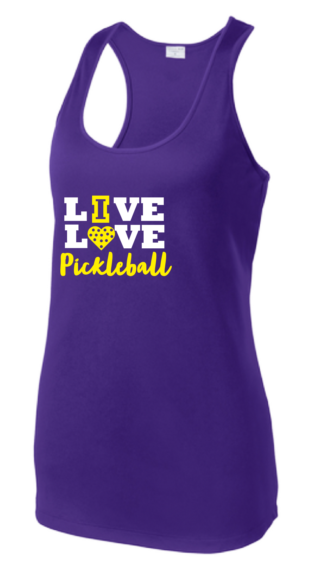 Pickleball Design: Live Love Pickleball  Women's Styles: Racerback Tank  Turn up the volume in this Women's shirt with its perfect mix of softness and attitude. Material is ultra-comfortable with moisture wicking properties and tri-blend softness. PosiCharge technology locks in color. Highly breathable and lightweight.