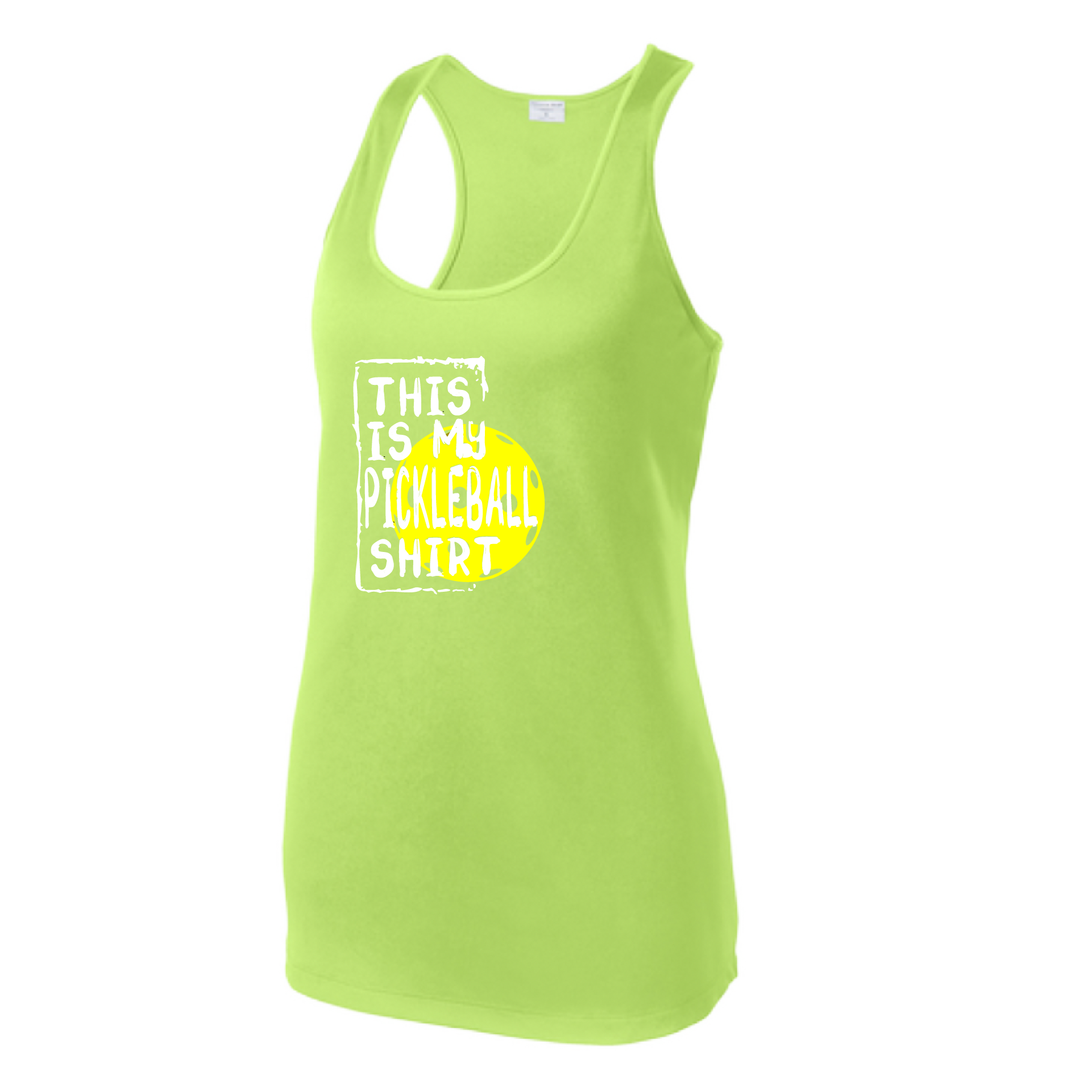 Pickleball Design: This is my Pickleball Shirt  Women's Style: Racerback Tank  Turn up the volume in this Women's shirt with its perfect mix of softness and attitude. Material is ultra-comfortable with moisture wicking properties and tri-blend softness. PosiCharge technology locks in color. Highly breathable and lightweight.