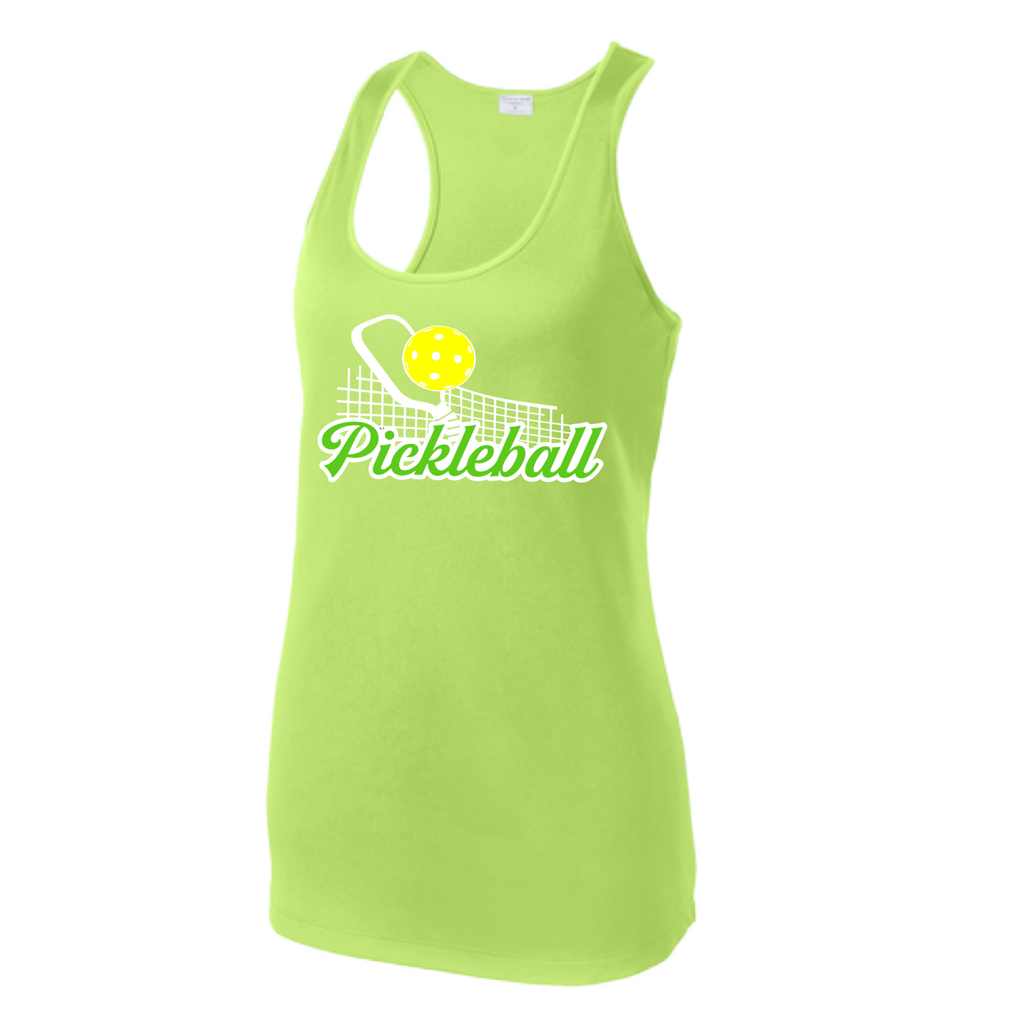 Pickleball Design: Pickleball and Net  Women's Style: Racerback Tank  Turn up the volume in this Women's shirt with its perfect mix of softness and attitude. Material is ultra-comfortable with moisture wicking properties and tri-blend softness. PosiCharge technology locks in color. Highly breathable and lightweight.