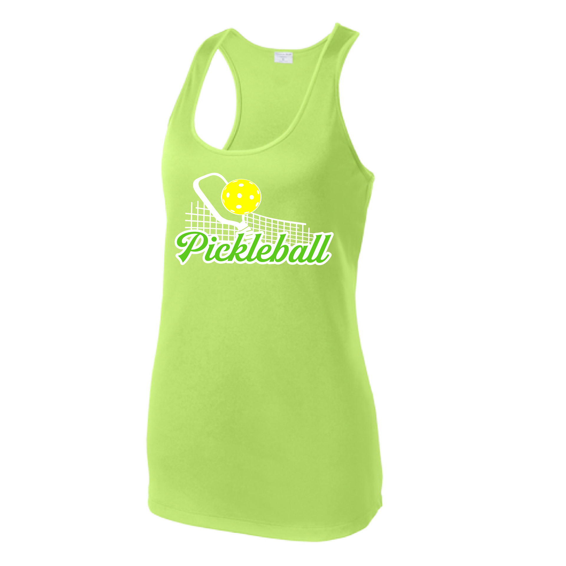 Pickleball Design: Pickleball and Net  Women's Style: Racerback Tank  Turn up the volume in this Women's shirt with its perfect mix of softness and attitude. Material is ultra-comfortable with moisture wicking properties and tri-blend softness. PosiCharge technology locks in color. Highly breathable and lightweight.