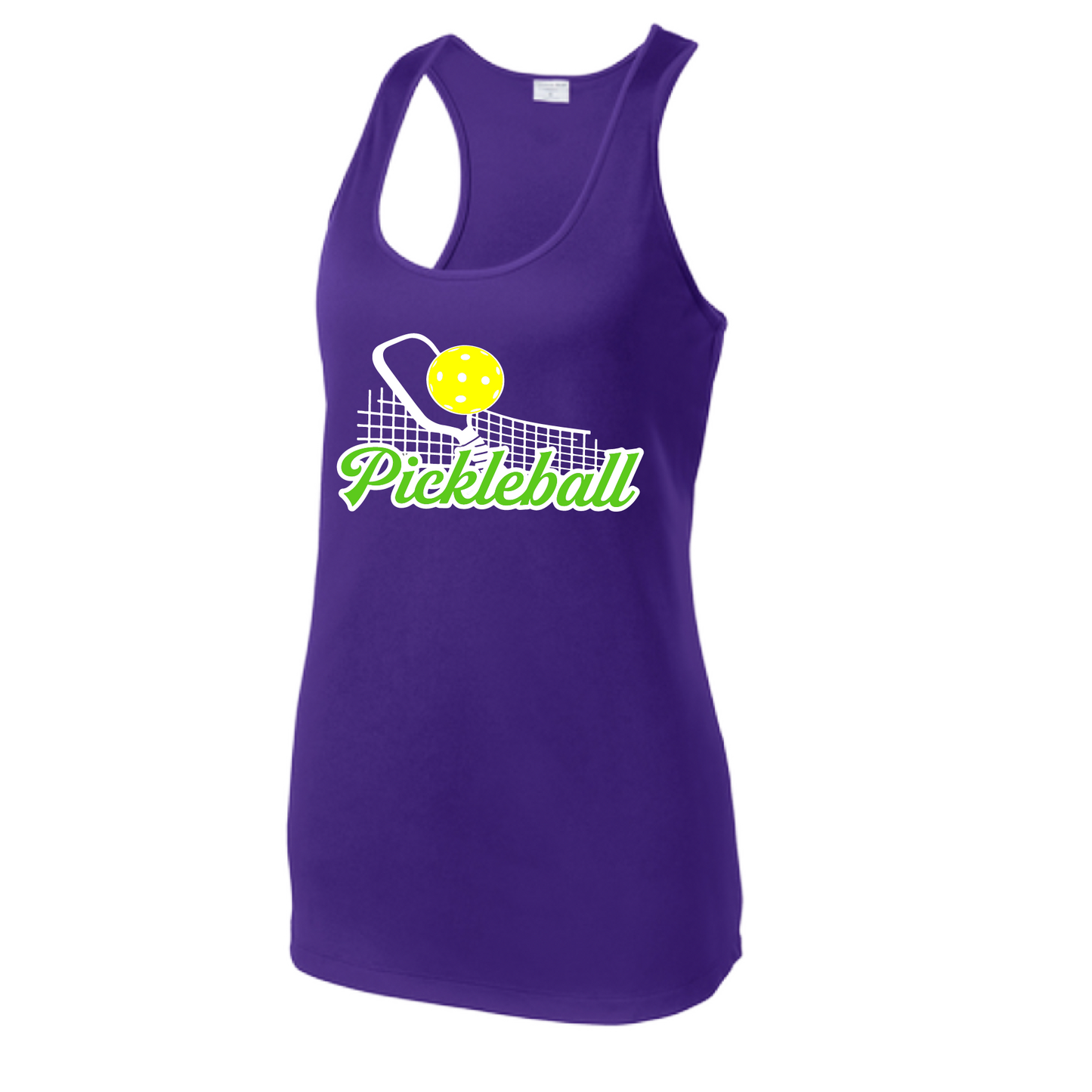 Pickleball Design: Pickleball and Net  Women's Style: Racerback Tank  Turn up the volume in this Women's shirt with its perfect mix of softness and attitude. Material is ultra-comfortable with moisture wicking properties and tri-blend softness. PosiCharge technology locks in color. Highly breathable and lightweight.