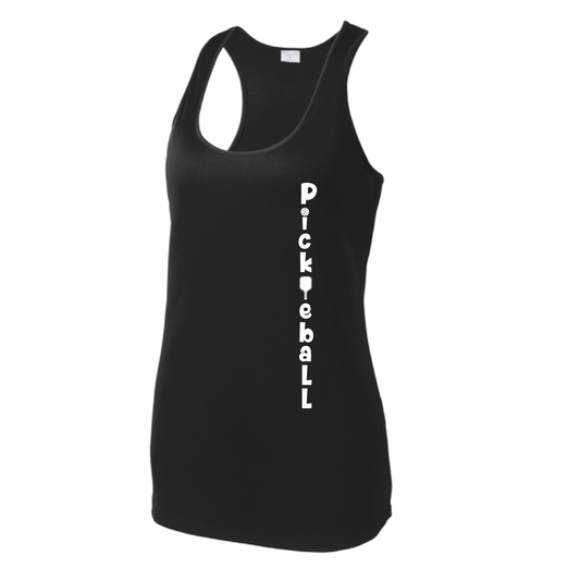 Pickleball Design: Pickleball Vertical Customizable Location  Women's Style: Racerback Tank  Shirt are lightweight, roomy and highly breathable. These moisture-wicking shirts are designed for athletic performance. They feature PosiCharge technology to lock in color and prevent logos from fading. Removable tag and set-in sleeves for comfort.