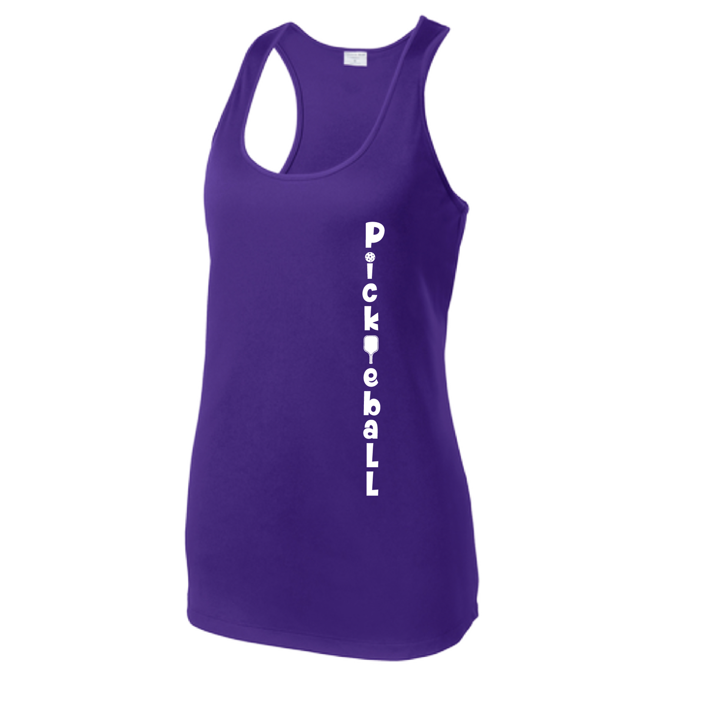 Pickleball Design: Pickleball Vertical Customizable Location  Women's Style: Racerback Tank  Shirt are lightweight, roomy and highly breathable. These moisture-wicking shirts are designed for athletic performance. They feature PosiCharge technology to lock in color and prevent logos from fading. Removable tag and set-in sleeves for comfort.