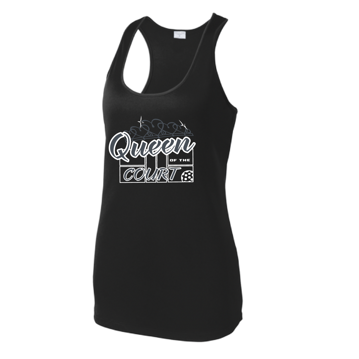 Pickleball Design: Queen of the Court  Women's Style: Racerback Tank  Turn up the volume in this Women's shirt with its perfect mix of softness and attitude. Material is ultra-comfortable with moisture wicking properties and tri-blend softness. PosiCharge technology locks in color. Highly breathable and lightweight.