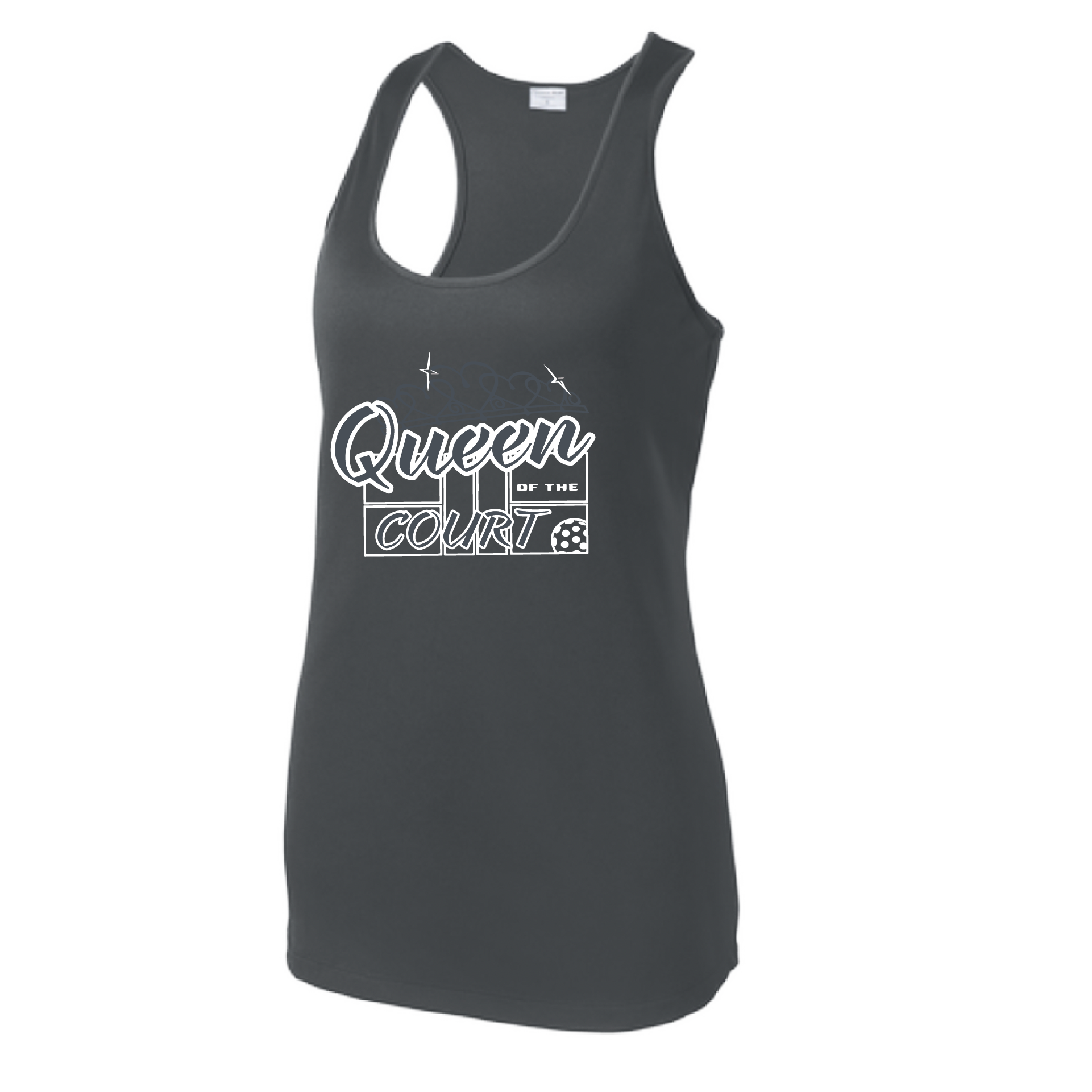 Pickleball Design: Queen of the Court  Women's Style: Racerback Tank  Turn up the volume in this Women's shirt with its perfect mix of softness and attitude. Material is ultra-comfortable with moisture wicking properties and tri-blend softness. PosiCharge technology locks in color. Highly breathable and lightweight.