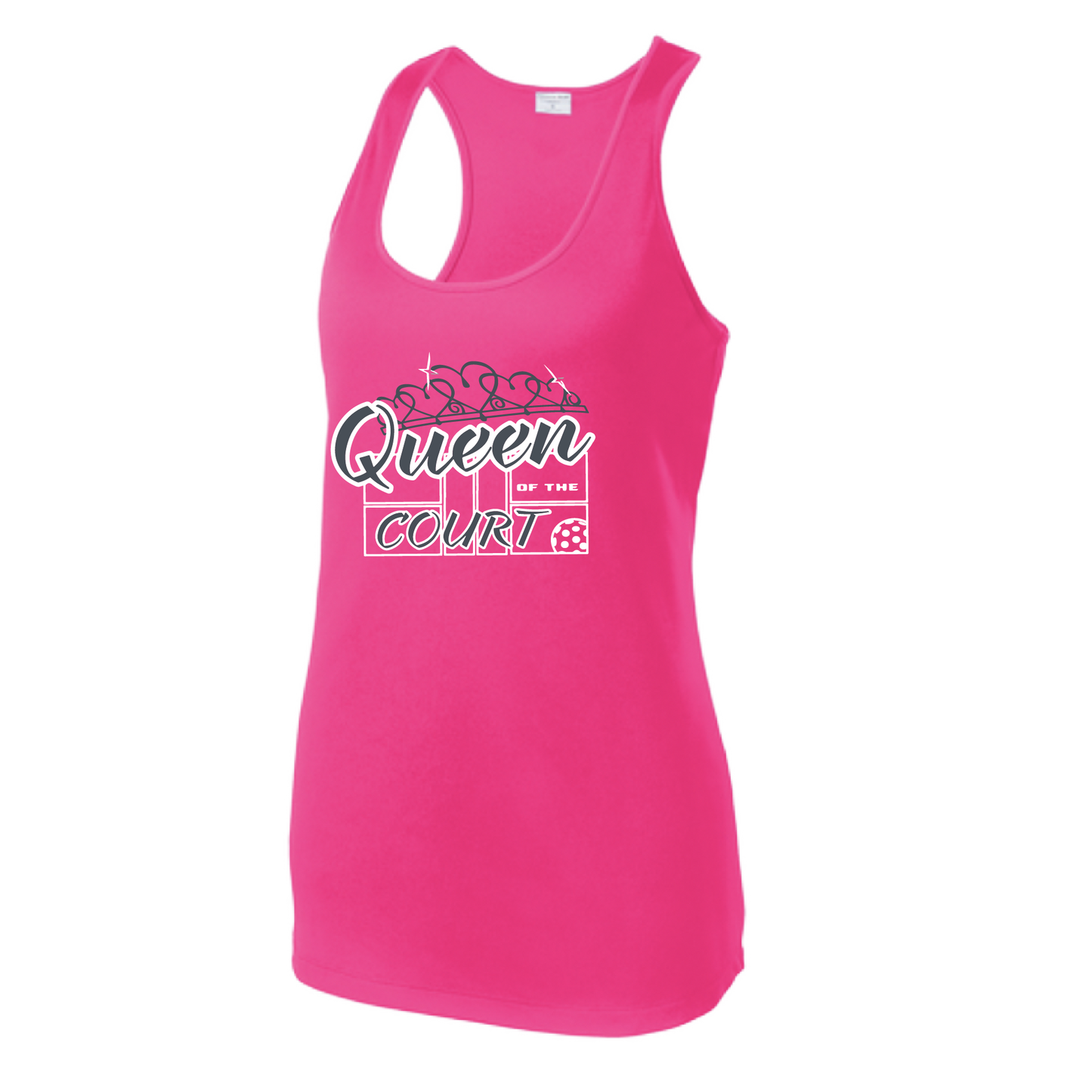 Pickleball Design: Queen of the Court  Women's Style: Racerback Tank  Turn up the volume in this Women's shirt with its perfect mix of softness and attitude. Material is ultra-comfortable with moisture wicking properties and tri-blend softness. PosiCharge technology locks in color. Highly breathable and lightweight.