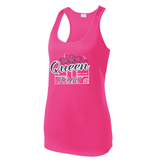 Pickleball Design: Queen of the Court  Women's Style: Racerback Tank  Turn up the volume in this Women's shirt with its perfect mix of softness and attitude. Material is ultra-comfortable with moisture wicking properties and tri-blend softness. PosiCharge technology locks in color. Highly breathable and lightweight.