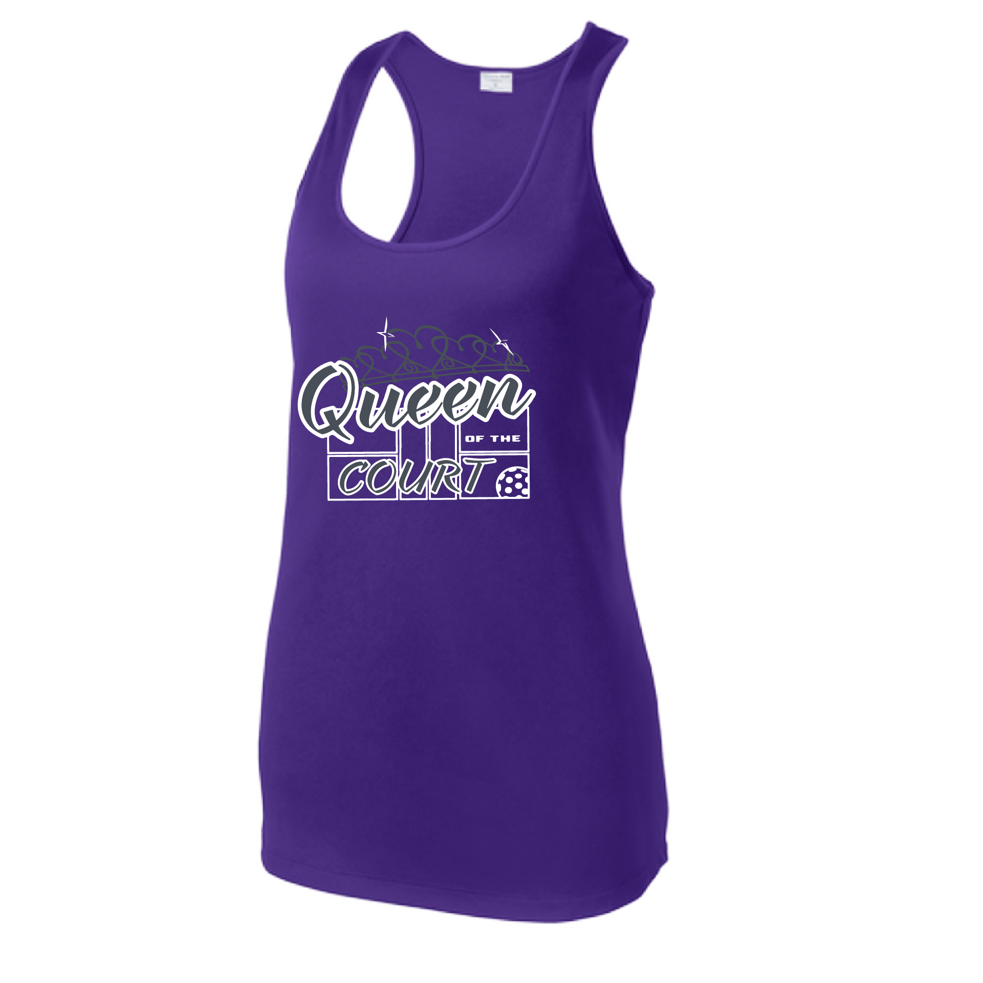 Pickleball Design: Queen of the Court  Women's Style: Racerback Tank  Turn up the volume in this Women's shirt with its perfect mix of softness and attitude. Material is ultra-comfortable with moisture wicking properties and tri-blend softness. PosiCharge technology locks in color. Highly breathable and lightweight.