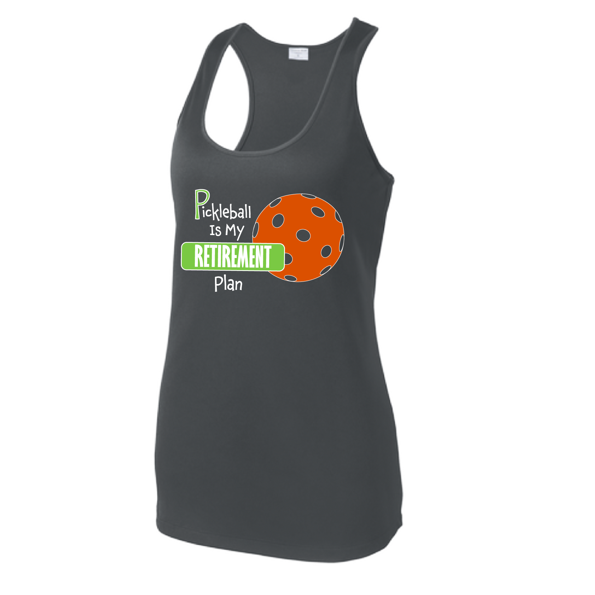 Pickleball Design: Pickleball is my Retirement plan  Women's Style: Racerback Tank  Turn up the volume in this Women's shirt with its perfect mix of softness and attitude. Material is ultra-comfortable with moisture wicking properties and tri-blend softness. PosiCharge technology locks in color. Highly breathable and lightweight.