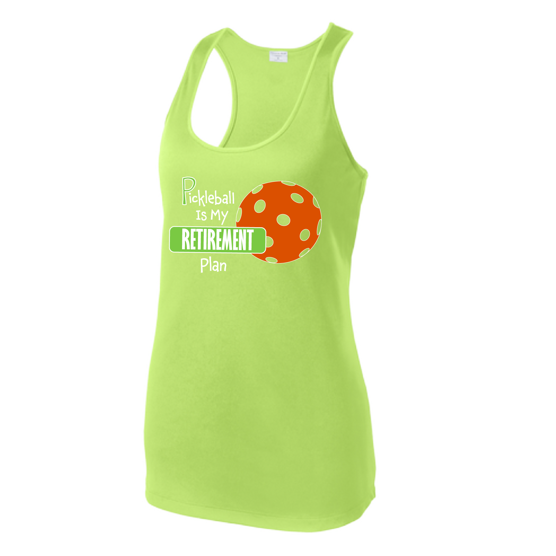 Pickleball Design: Pickleball is my Retirement plan  Women's Style: Racerback Tank  Turn up the volume in this Women's shirt with its perfect mix of softness and attitude. Material is ultra-comfortable with moisture wicking properties and tri-blend softness. PosiCharge technology locks in color. Highly breathable and lightweight.