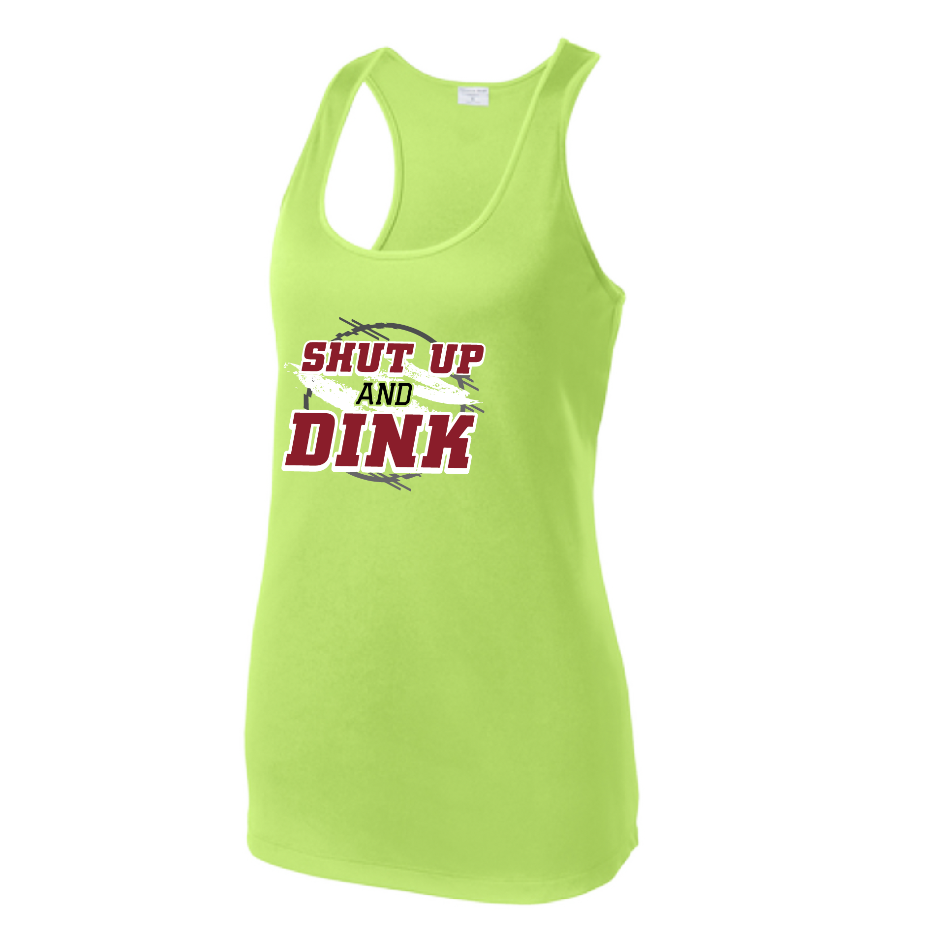 Pickleball Design: Shut up and Dink  Women's Styles: Racerback Tank  Turn up the volume in this Women's shirt with its perfect mix of softness and attitude. Material is ultra-comfortable with moisture wicking properties and tri-blend softness. PosiCharge technology locks in color. Highly breathable and lightweight.