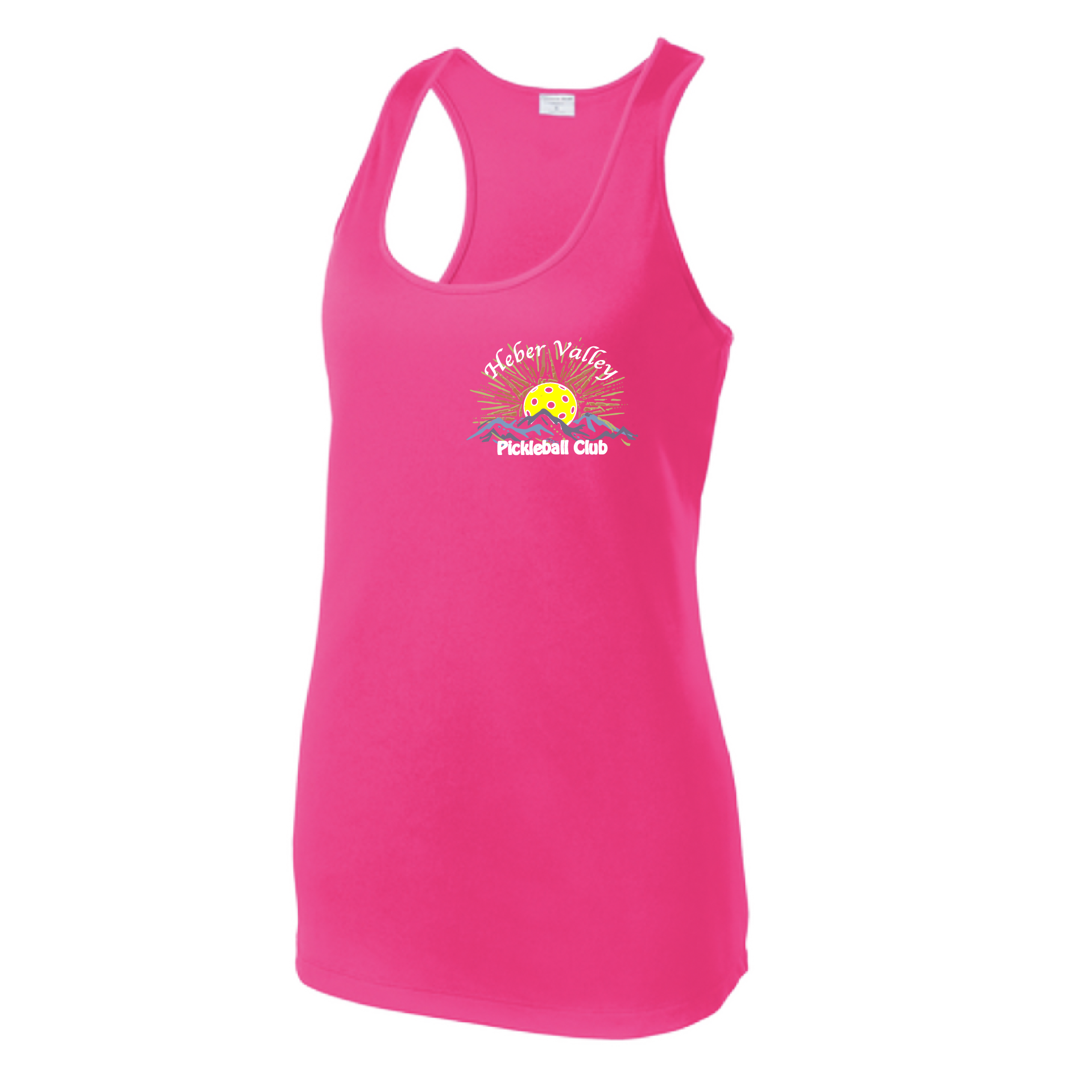 Pickleball Shirt Design: Heber Valley Pickleball Club  Women's Style: Racerback Tank  Turn up the volume in this Women's shirt with its perfect mix of softness and attitude. Material is ultra-comfortable with moisture wicking properties and tri-blend softness. PosiCharge technology locks in color. Highly breathable and lightweight.