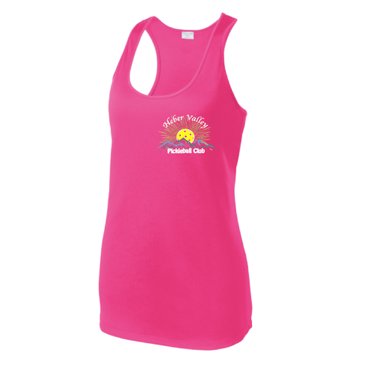 Pickleball Shirt Design: Heber Valley Pickleball Club  Women's Style: Racerback Tank  Turn up the volume in this Women's shirt with its perfect mix of softness and attitude. Material is ultra-comfortable with moisture wicking properties and tri-blend softness. PosiCharge technology locks in color. Highly breathable and lightweight.