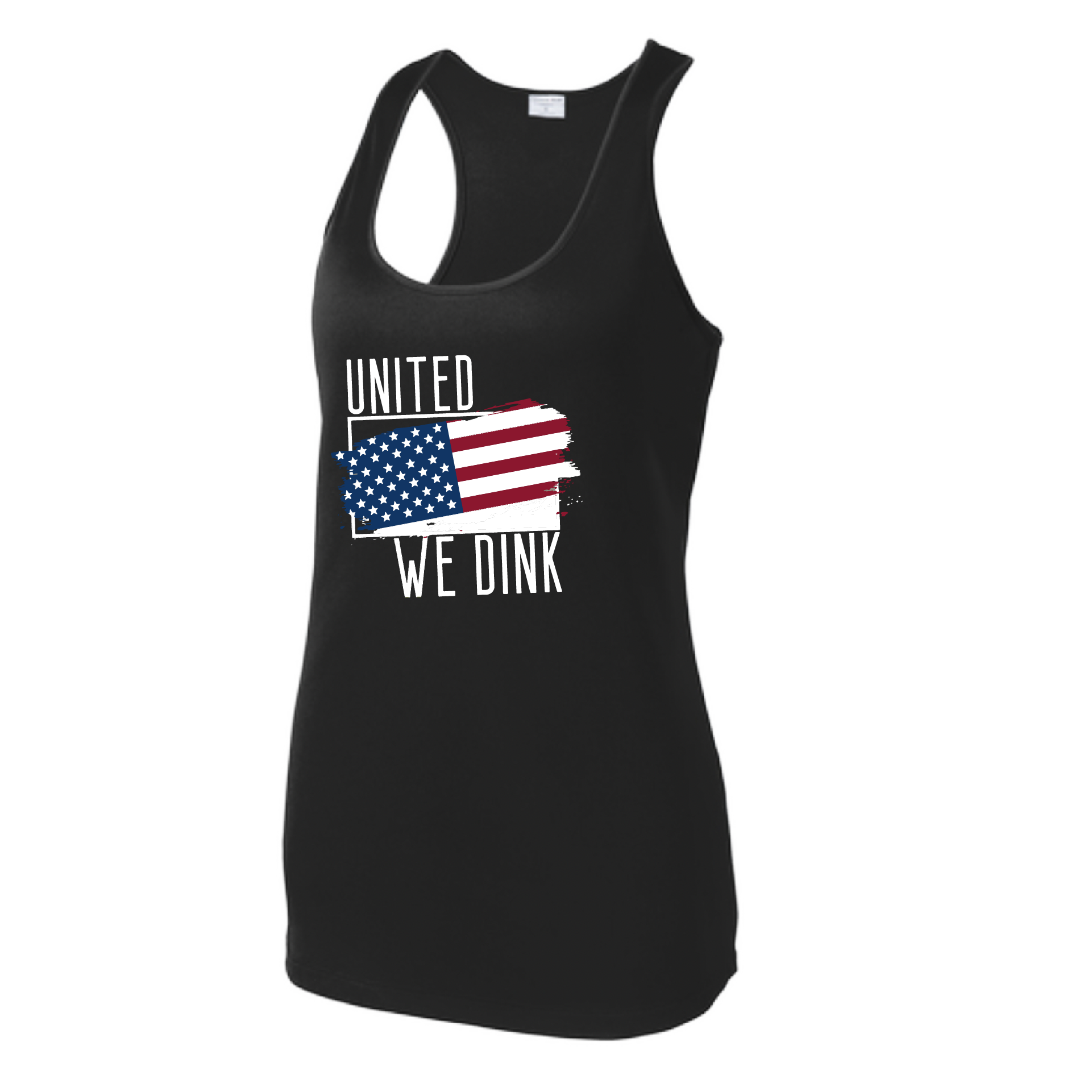 Pickleball Design: United We Dink  Women's Styles: Racerback Tank  Turn up the volume in this Women's shirt with its perfect mix of softness and attitude. Material is ultra-comfortable with moisture wicking properties and tri-blend softness. PosiCharge technology locks in color. Highly breathable and lightweight.