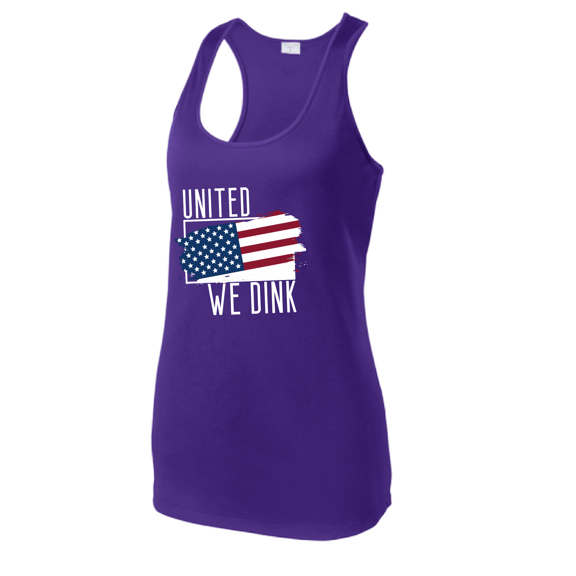 Pickleball Design: United We Dink  Women's Styles: Racerback Tank  Turn up the volume in this Women's shirt with its perfect mix of softness and attitude. Material is ultra-comfortable with moisture wicking properties and tri-blend softness. PosiCharge technology locks in color. Highly breathable and lightweight.