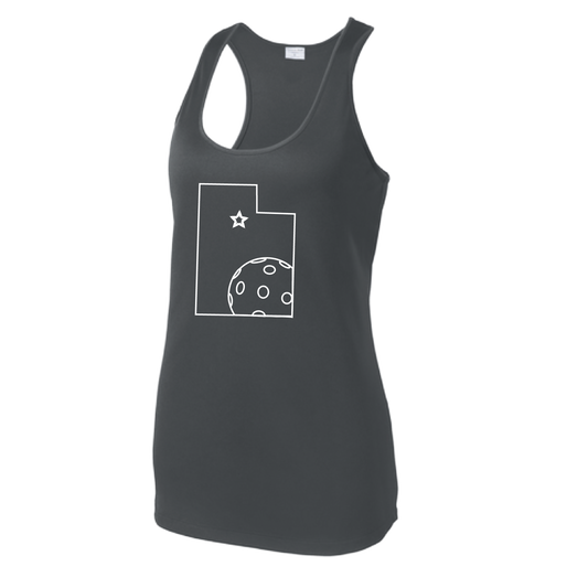 Pickleball Design: Utah Pickleball  Women's Styles: Racerback Tank  Turn up the volume in this Women's shirt with its perfect mix of softness and attitude. Material is ultra-comfortable with moisture wicking properties and tri-blend softness. PosiCharge technology locks in color. Highly breathable and lightweight.