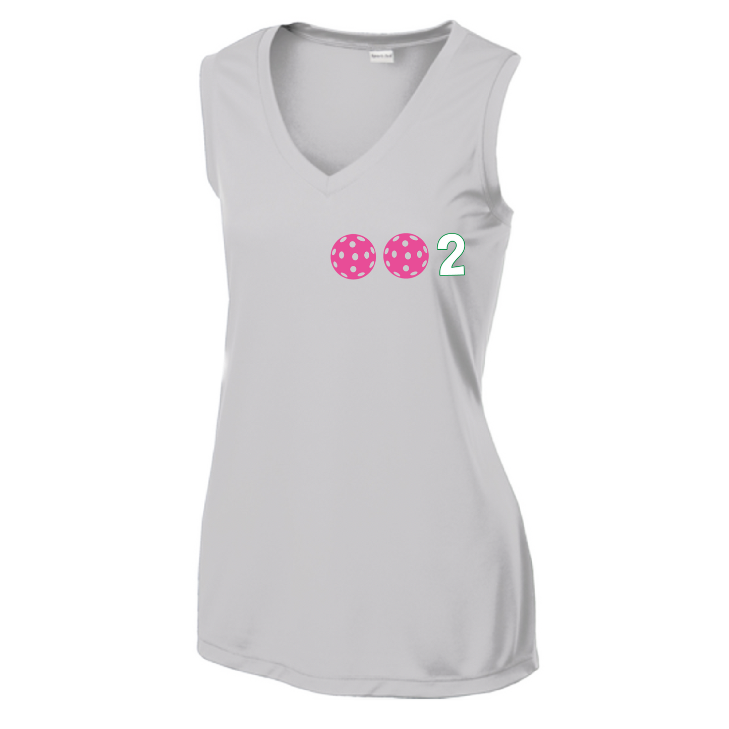 Design: 002 with Customizable Pickleball Ball Colors (Yellow, Green, White, Purple, Pink)  Women's Style: Sleeveless Tank  Shirts are lightweight, roomy and highly breathable. These moisture-wicking shirts are designed for athletic performance. They feature PosiCharge technology to lock in color and prevent logos from fading. Removable tag and set-in sleeves for comfort.