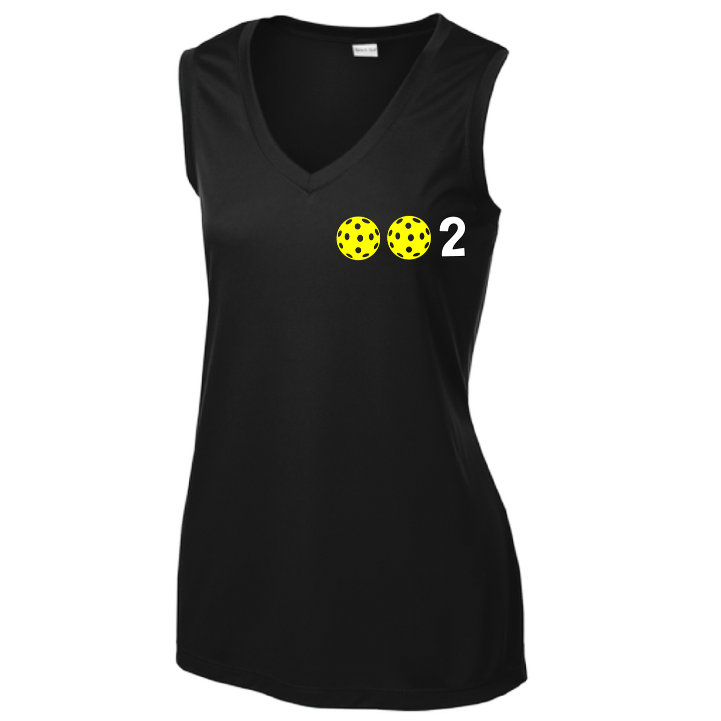 Design: 002 with Customizable Pickleball Ball Colors (Yellow, Green, White, Purple, Pink)  Women's Style: Sleeveless Tank  Shirts are lightweight, roomy and highly breathable. These moisture-wicking shirts are designed for athletic performance. They feature PosiCharge technology to lock in color and prevent logos from fading. Removable tag and set-in sleeves for comfort.