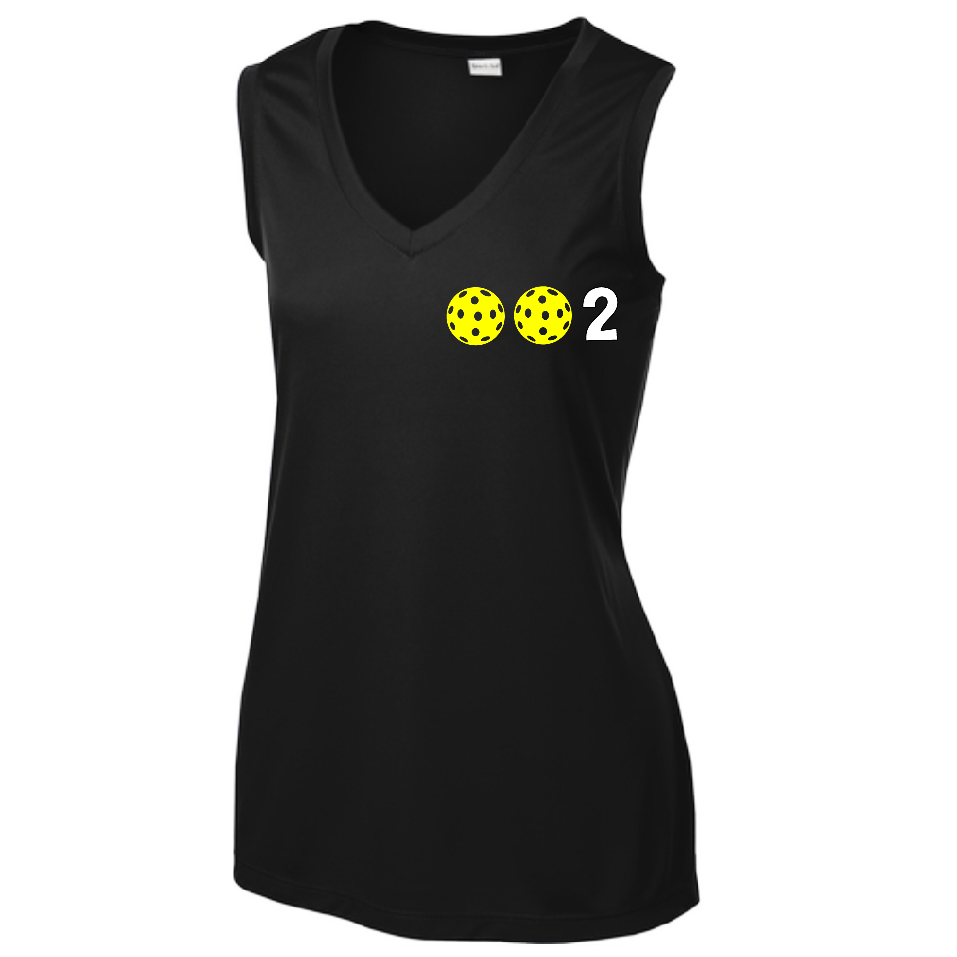 Design: 002 with Customizable Pickleball Ball Colors (Yellow, Green, White, Purple, Pink)  Women's Style: Sleeveless Tank  Shirts are lightweight, roomy and highly breathable. These moisture-wicking shirts are designed for athletic performance. They feature PosiCharge technology to lock in color and prevent logos from fading. Removable tag and set-in sleeves for comfort.