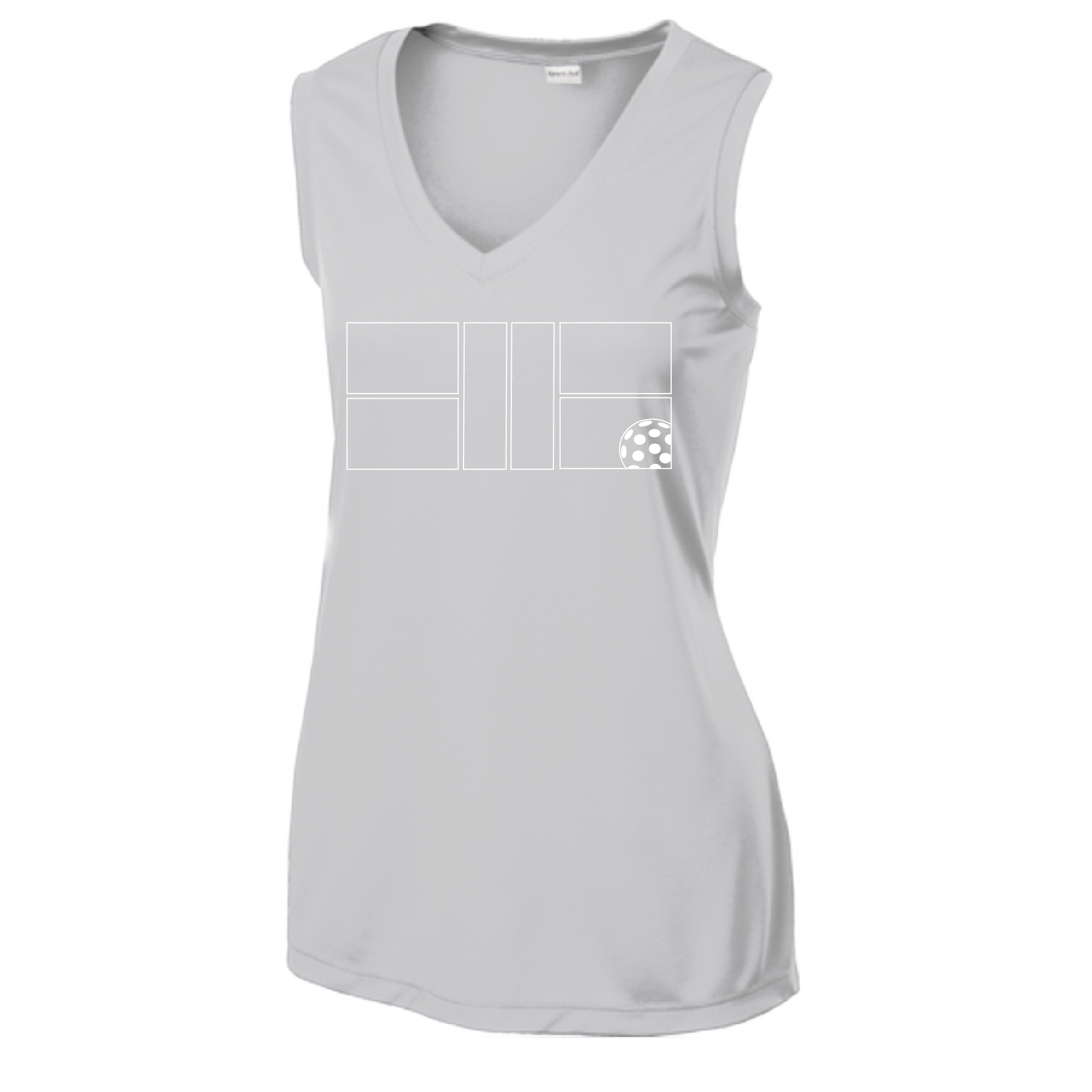 Pickleball Design: Court with Ball  Women's Style: Sleeveless Tank (SL)  Turn up the volume in this Women's shirt with its perfect mix of softness and attitude. Material is ultra-comfortable with moisture wicking properties and tri-blend softness. PosiCharge technology locks in color. Highly breathable and lightweight.