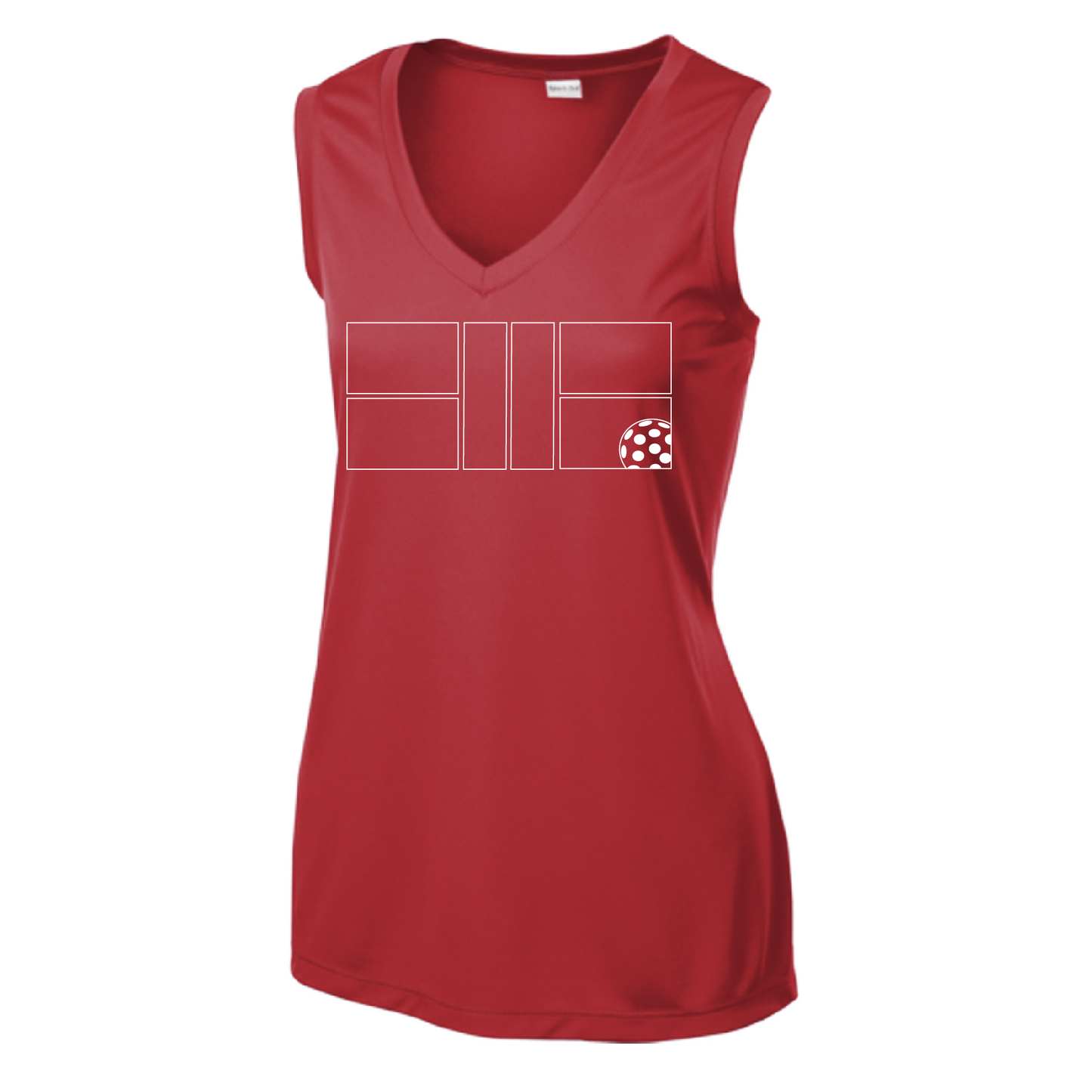 Pickleball Design: Court with Ball  Women's Style: Sleeveless Tank (SL)  Turn up the volume in this Women's shirt with its perfect mix of softness and attitude. Material is ultra-comfortable with moisture wicking properties and tri-blend softness. PosiCharge technology locks in color. Highly breathable and lightweight.