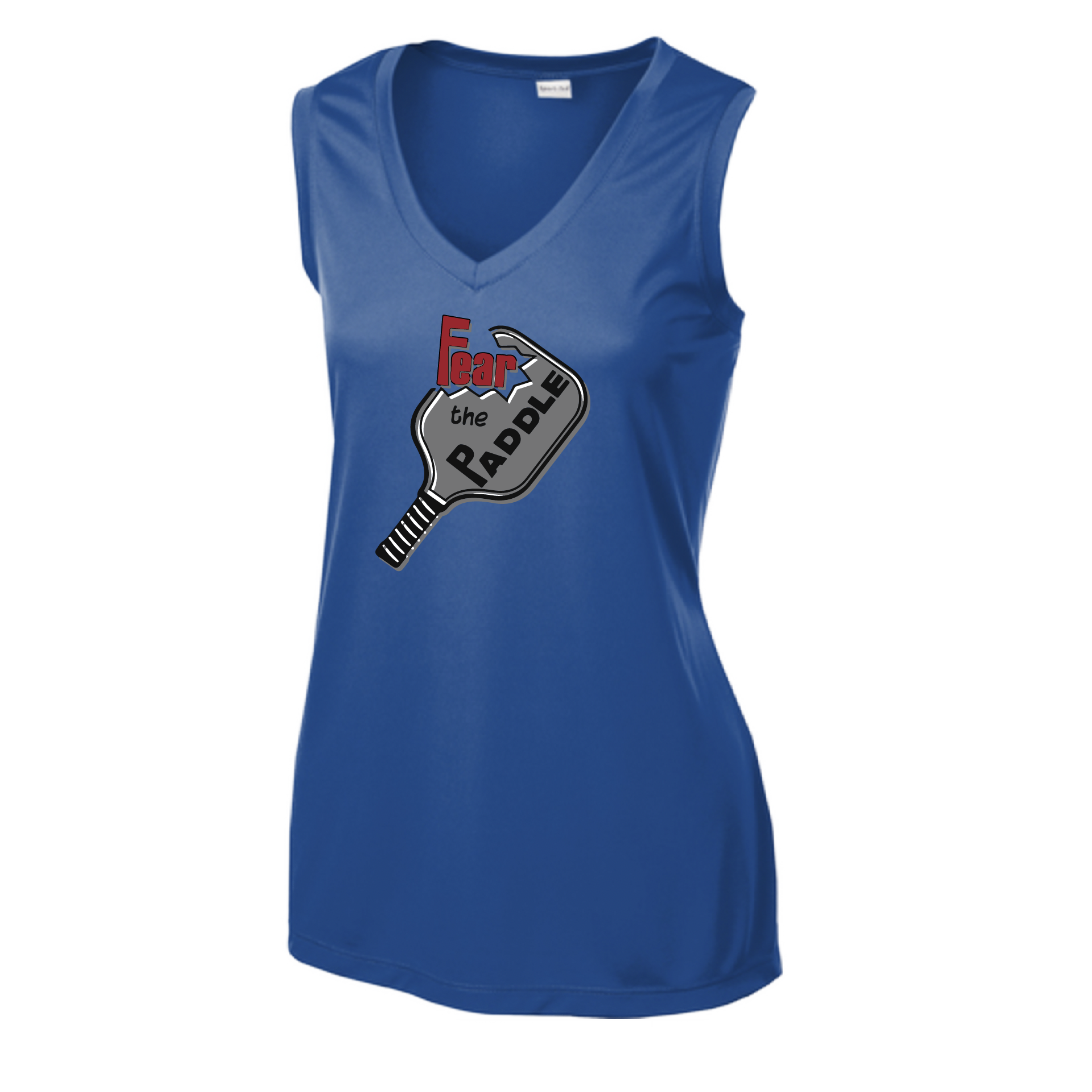 Pickleball Design: Fear the Paddle  Women's Style: Sleeveless Tank  Turn up the volume in this Women's shirt with its perfect mix of softness and attitude. Material is ultra-comfortable with moisture wicking properties and tri-blend softness. PosiCharge technology locks in color. Highly breathable and lightweight.