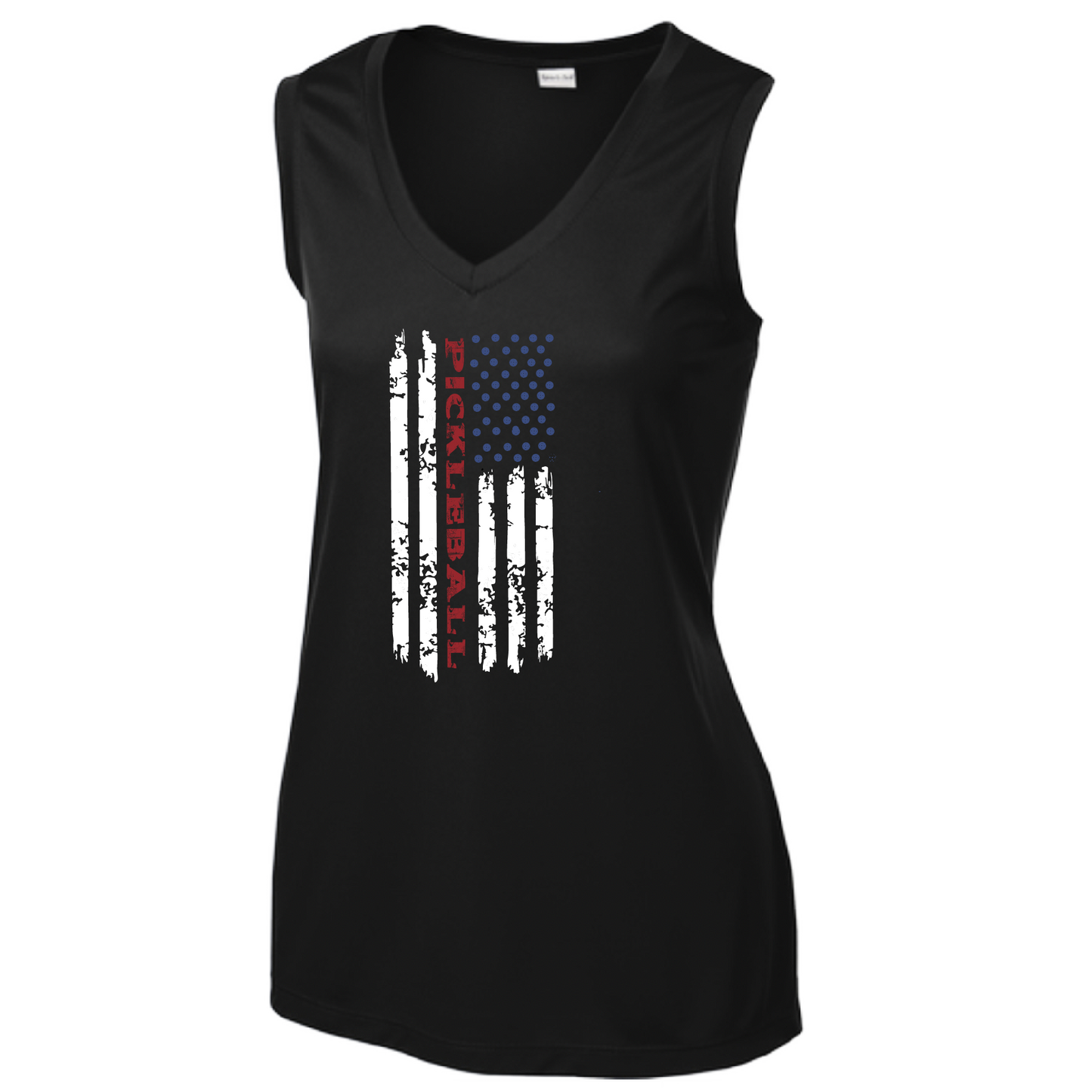 Pickleball Design: Pickleball Flag Vertical on Front or Back of Shirt  Women's Style: Sleeveless V-Neck Tank  Turn up the volume in this Women's shirt with its perfect mix of softness and attitude. Material is ultra-comfortable with moisture wicking properties and tri-blend softness. PosiCharge technology locks in color. Highly breathable and lightweight.