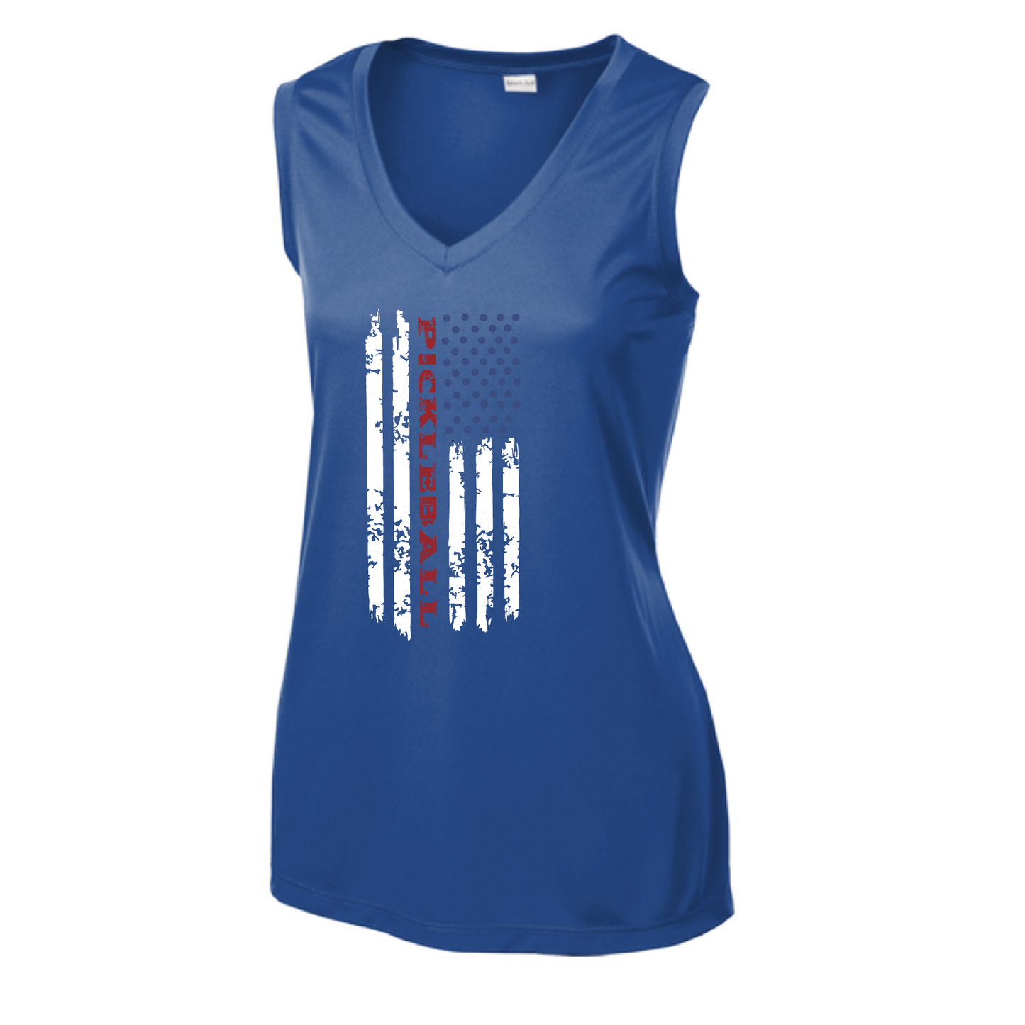 Pickleball Design: Pickleball Flag Vertical on Front or Back of Shirt  Women's Style: Sleeveless V-Neck Tank  Turn up the volume in this Women's shirt with its perfect mix of softness and attitude. Material is ultra-comfortable with moisture wicking properties and tri-blend softness. PosiCharge technology locks in color. Highly breathable and lightweight.