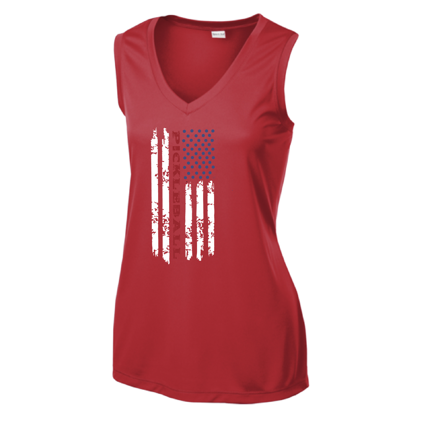 Pickleball Design: Pickleball Flag Vertical on Front or Back of Shirt  Women's Style: Sleeveless V-Neck Tank  Turn up the volume in this Women's shirt with its perfect mix of softness and attitude. Material is ultra-comfortable with moisture wicking properties and tri-blend softness. PosiCharge technology locks in color. Highly breathable and lightweight.