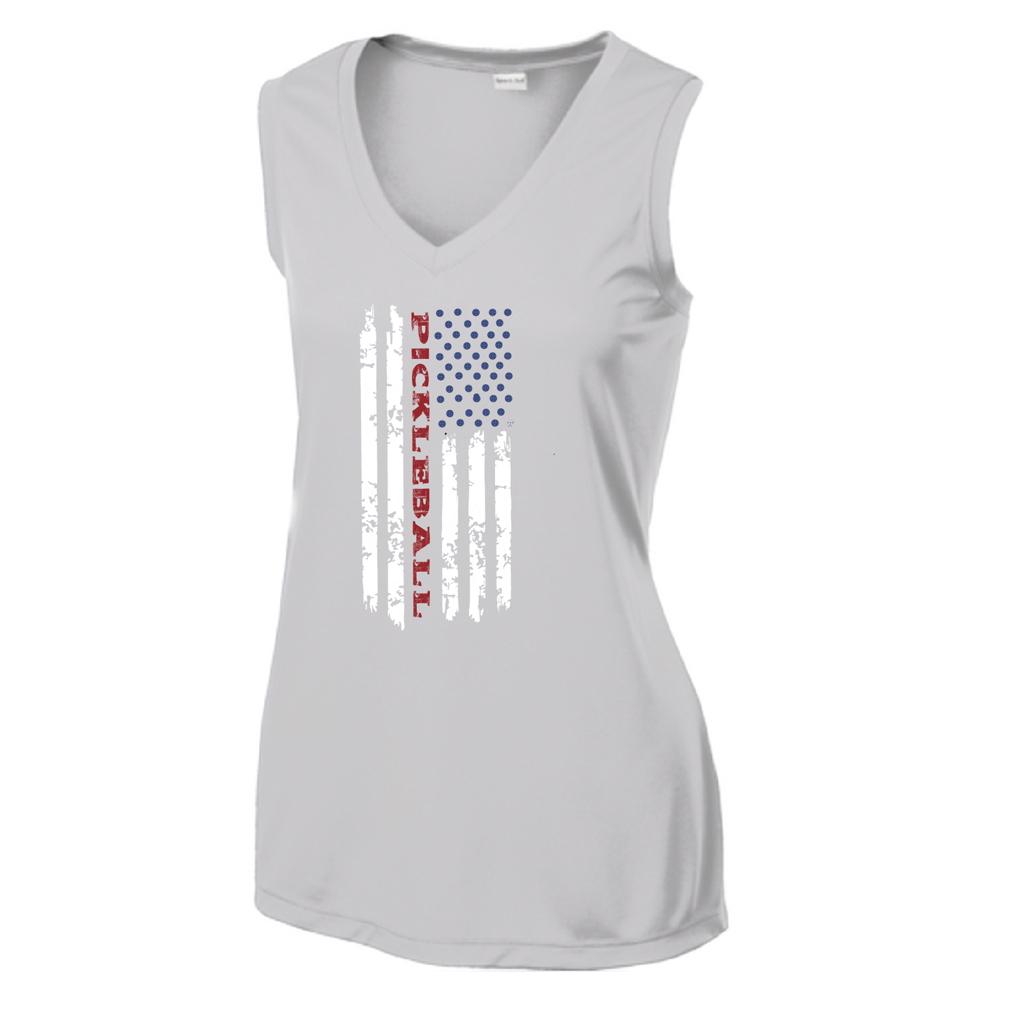 Pickleball Design: Pickleball Flag Vertical on Front or Back of Shirt  Women's Style: Sleeveless V-Neck Tank  Turn up the volume in this Women's shirt with its perfect mix of softness and attitude. Material is ultra-comfortable with moisture wicking properties and tri-blend softness. PosiCharge technology locks in color. Highly breathable and lightweight.