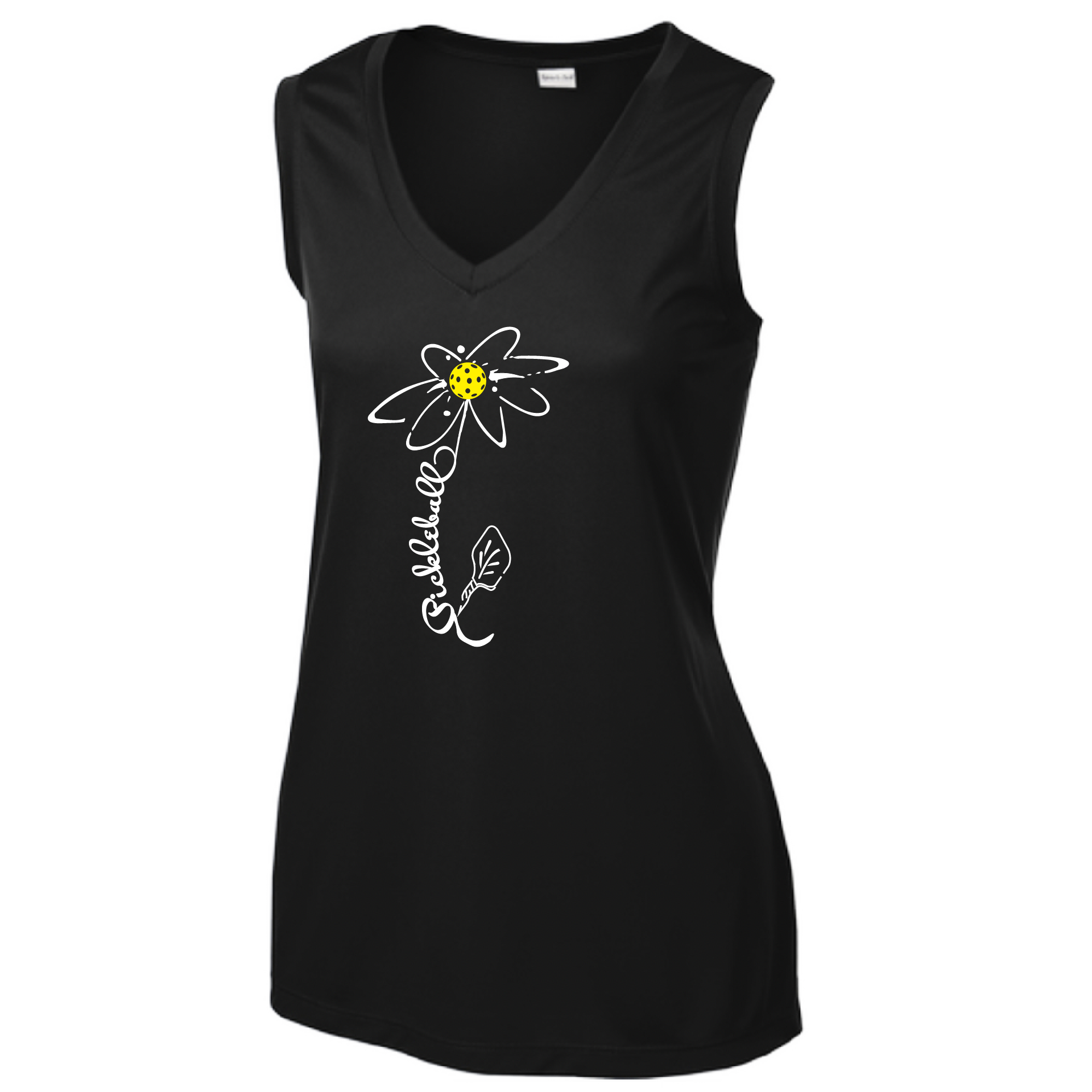 Pickleball Design: Pickleball Flower  Women's Style: Sleeveless Tank  Turn up the volume in this Women's shirt with its perfect mix of softness and attitude. Material is ultra-comfortable with moisture wicking properties and tri-blend softness. PosiCharge technology locks in color. Highly breathable and lightweight.