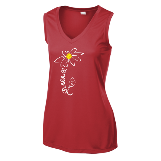 Pickleball Design: Pickleball Flower  Women's Style: Sleeveless Tank  Turn up the volume in this Women's shirt with its perfect mix of softness and attitude. Material is ultra-comfortable with moisture wicking properties and tri-blend softness. PosiCharge technology locks in color. Highly breathable and lightweight.