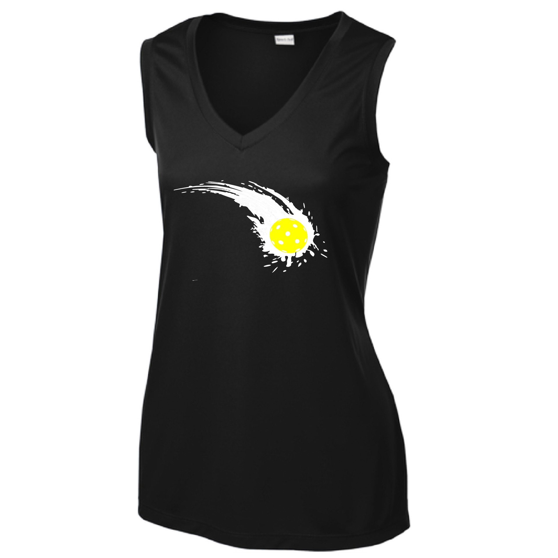 Pickleball Design: Impact  Women's Style: Sleeveless Tank  Turn up the volume in this Women's shirt with its perfect mix of softness and attitude. Material is ultra-comfortable with moisture wicking properties and tri-blend softness. PosiCharge technology locks in color. Highly breathable and lightweight.