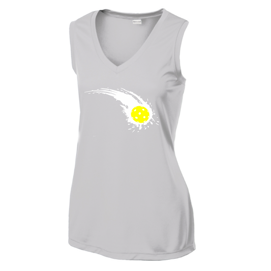 Pickleball Design: Impact  Women's Style: Sleeveless Tank  Turn up the volume in this Women's shirt with its perfect mix of softness and attitude. Material is ultra-comfortable with moisture wicking properties and tri-blend softness. PosiCharge technology locks in color. Highly breathable and lightweight.