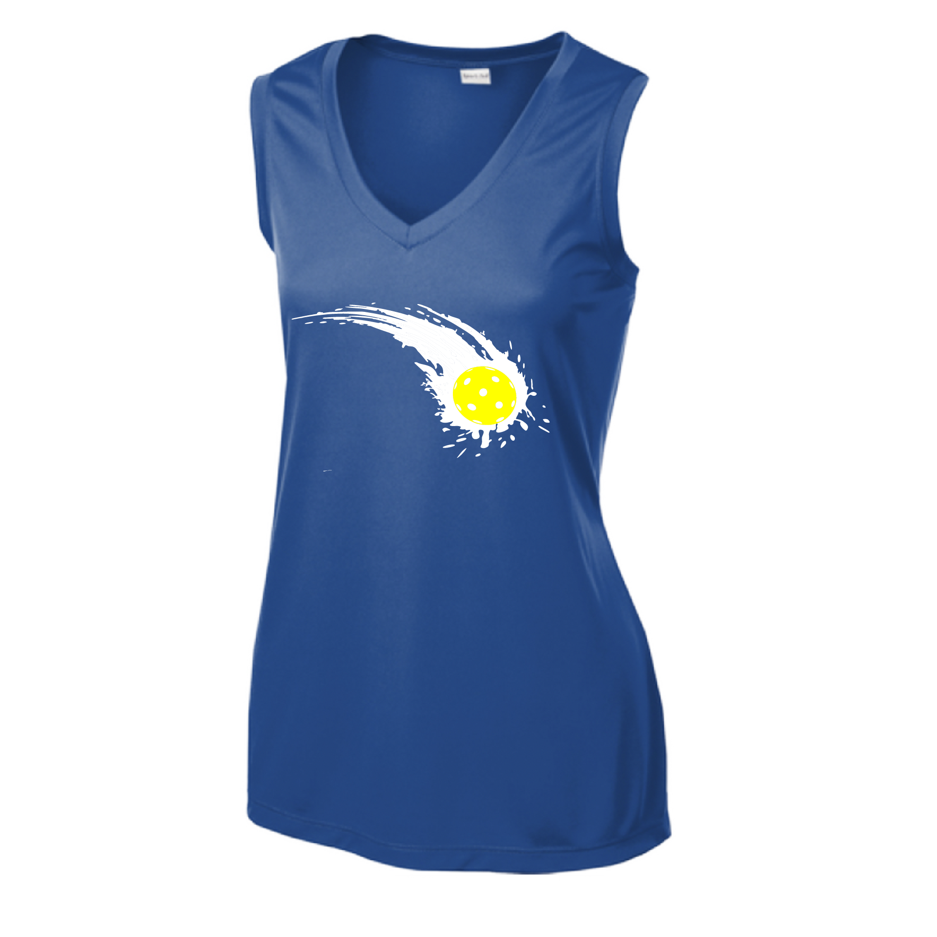 Pickleball Design: Impact  Women's Style: Sleeveless Tank  Turn up the volume in this Women's shirt with its perfect mix of softness and attitude. Material is ultra-comfortable with moisture wicking properties and tri-blend softness. PosiCharge technology locks in color. Highly breathable and lightweight.