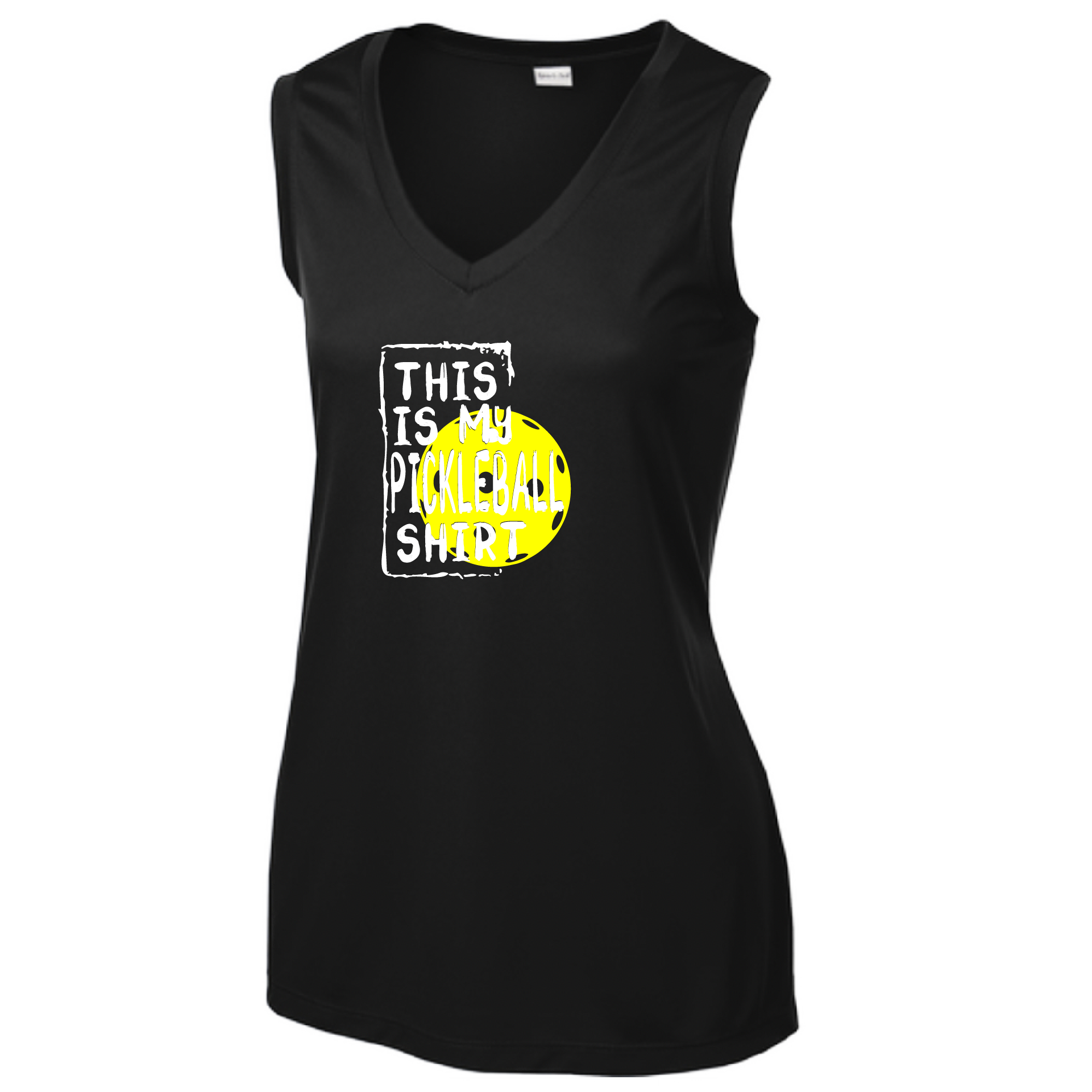 Pickleball Design: This is my Pickleball Shirt  Women's Style: Sleeveless Tank  Turn up the volume in this Women's shirt with its perfect mix of softness and attitude. Material is ultra-comfortable with moisture wicking properties and tri-blend softness. PosiCharge technology locks in color. Highly breathable and lightweight.