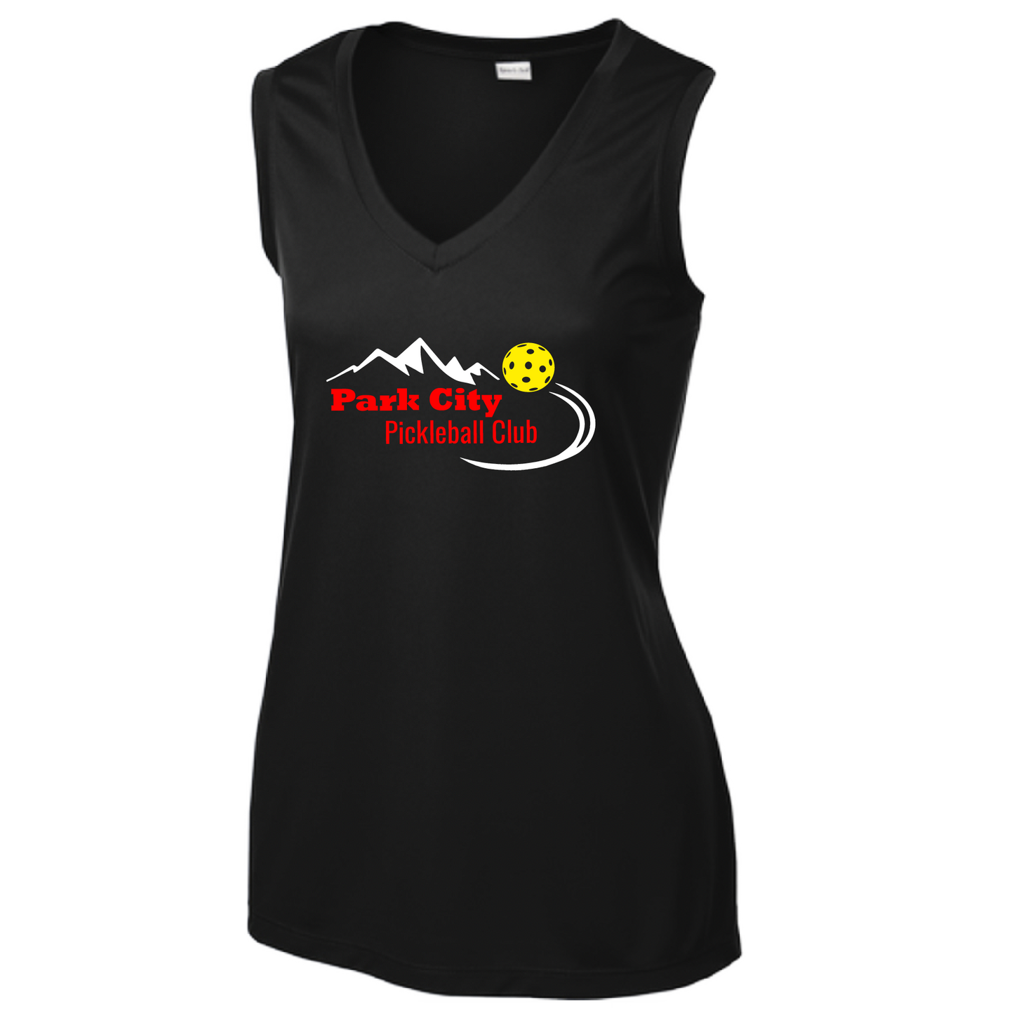 Pickleball Design: Park City Pickleball Club (red words)  Women's Style: Sleeveless Tank  Shirts are lightweight, roomy and highly breathable. These moisture-wicking shirts are designed for athletic performance. They feature PosiCharge technology to lock in color and prevent logos from fading. Removable tag and set-in sleeves for comfort.