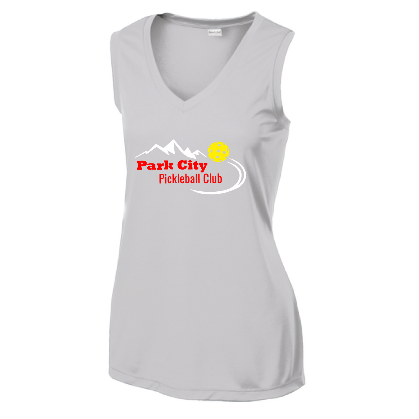 Pickleball Design: Park City Pickleball Club (red words)  Women's Style: Sleeveless Tank  Shirts are lightweight, roomy and highly breathable. These moisture-wicking shirts are designed for athletic performance. They feature PosiCharge technology to lock in color and prevent logos from fading. Removable tag and set-in sleeves for comfort.