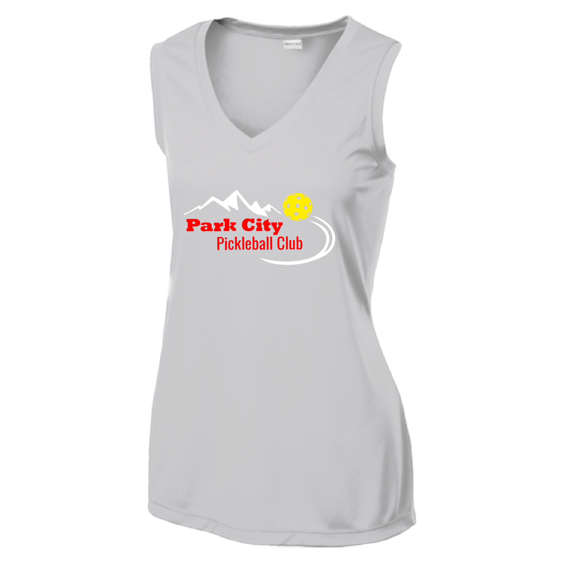 Pickleball Design: Park City Pickleball Club (red words)  Women's Style: Sleeveless Tank  Shirts are lightweight, roomy and highly breathable. These moisture-wicking shirts are designed for athletic performance. They feature PosiCharge technology to lock in color and prevent logos from fading. Removable tag and set-in sleeves for comfort.