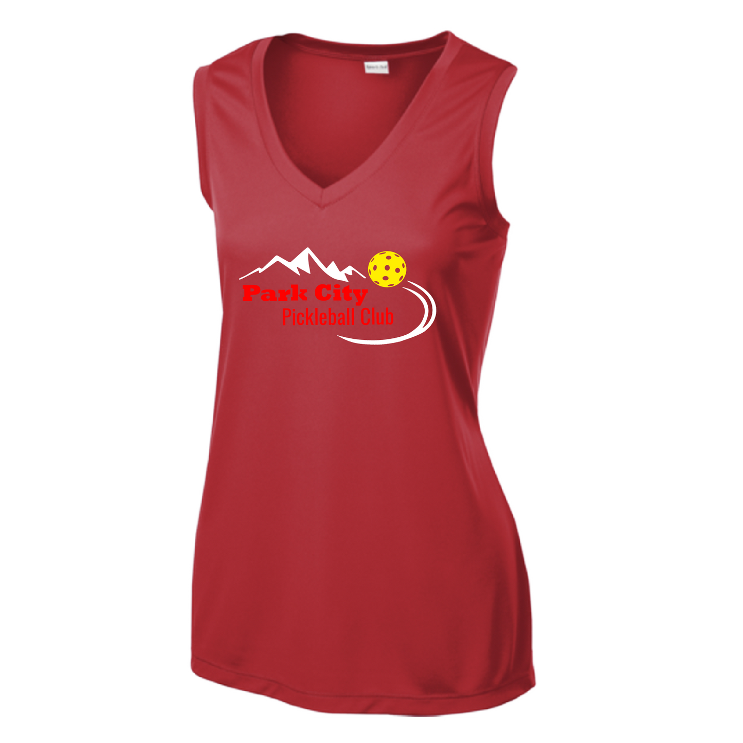 Pickleball Design: Park City Pickleball Club (red words)  Women's Style: Sleeveless Tank  Shirts are lightweight, roomy and highly breathable. These moisture-wicking shirts are designed for athletic performance. They feature PosiCharge technology to lock in color and prevent logos from fading. Removable tag and set-in sleeves for comfort.