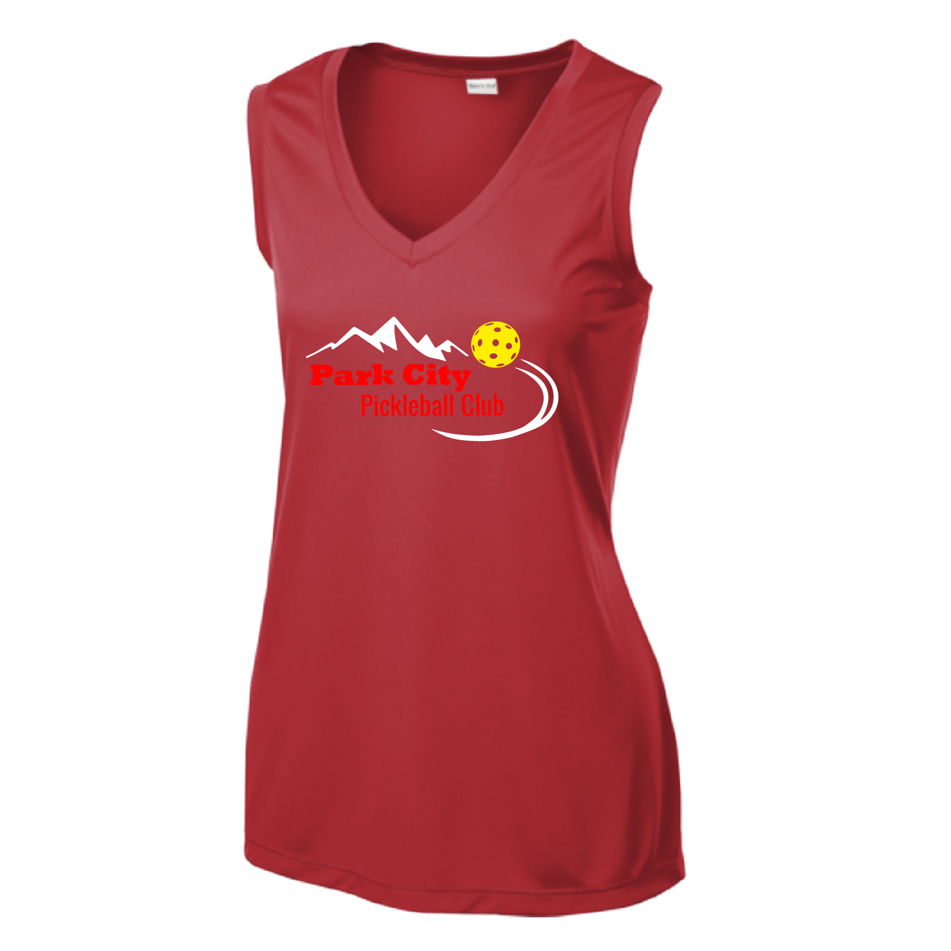 Pickleball Design: Park City Pickleball Club (red words)  Women's Style: Sleeveless Tank  Shirts are lightweight, roomy and highly breathable. These moisture-wicking shirts are designed for athletic performance. They feature PosiCharge technology to lock in color and prevent logos from fading. Removable tag and set-in sleeves for comfort.