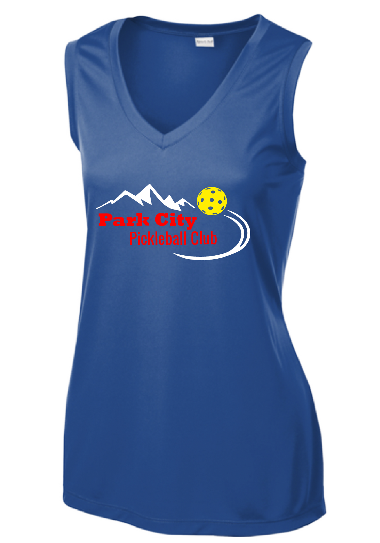 Pickleball Design: Park City Pickleball Club (red words)  Women's Style: Sleeveless Tank  Shirts are lightweight, roomy and highly breathable. These moisture-wicking shirts are designed for athletic performance. They feature PosiCharge technology to lock in color and prevent logos from fading. Removable tag and set-in sleeves for comfort.