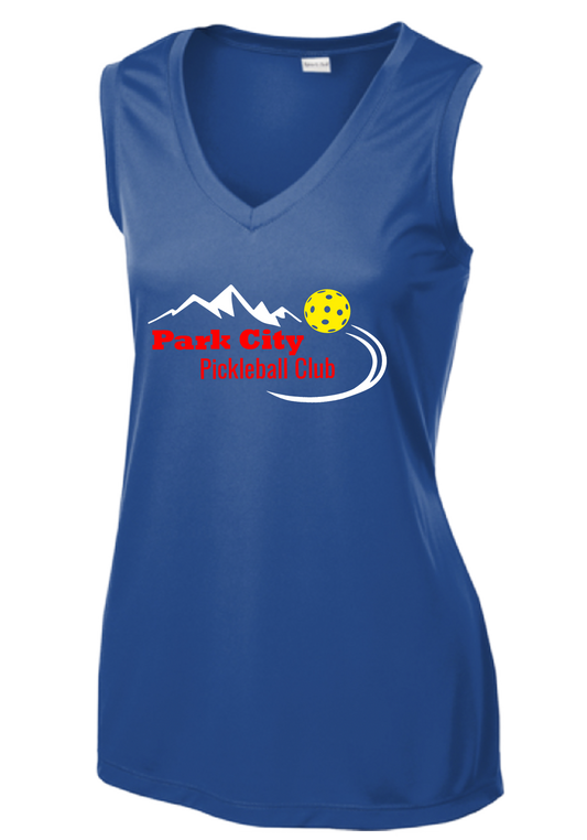 Pickleball Design: Park City Pickleball Club (red words)  Women's Style: Sleeveless Tank  Shirts are lightweight, roomy and highly breathable. These moisture-wicking shirts are designed for athletic performance. They feature PosiCharge technology to lock in color and prevent logos from fading. Removable tag and set-in sleeves for comfort.