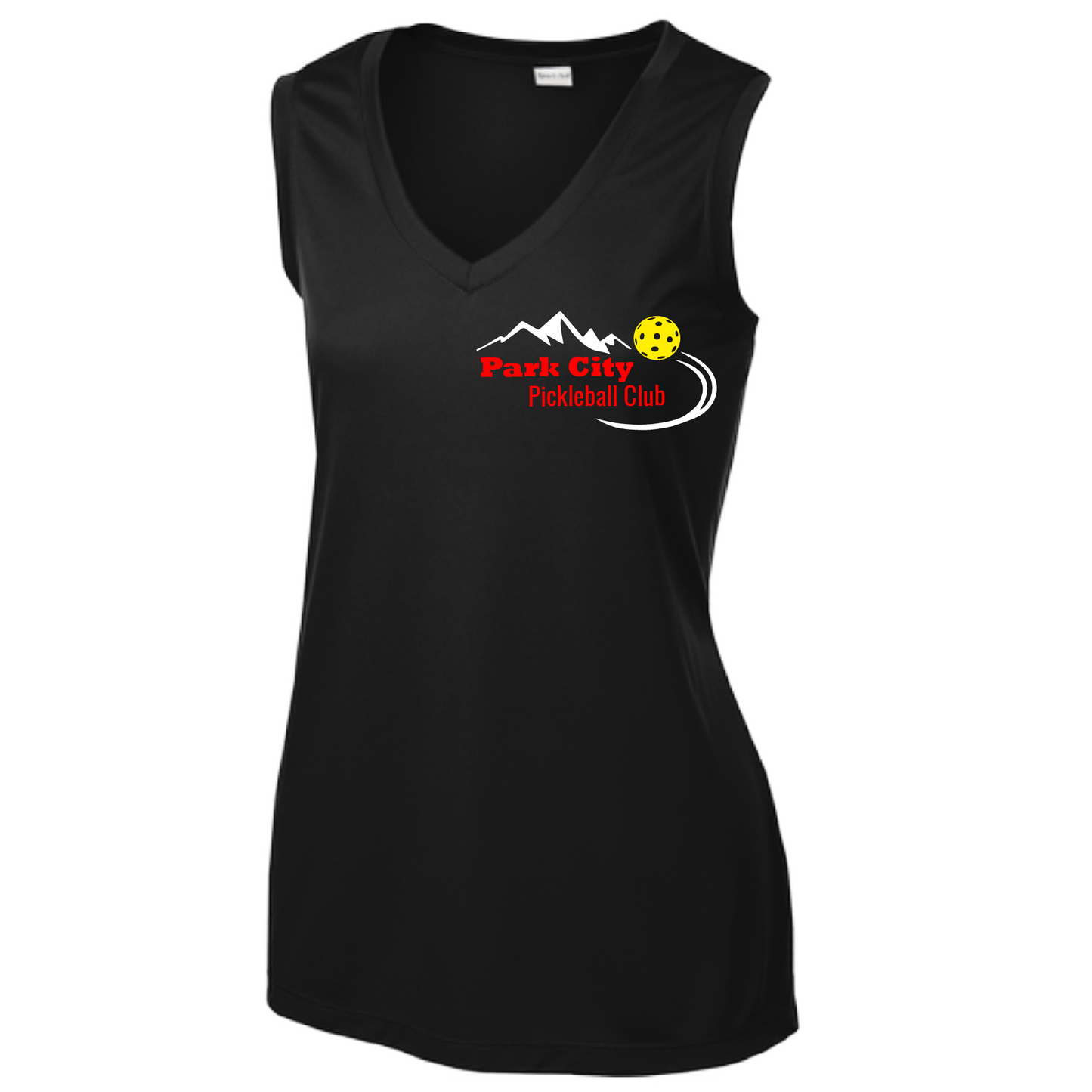 Pickleball Design: Park City Pickleball Club (red words)  Women's Style: Sleeveless Tank  Shirts are lightweight, roomy and highly breathable. These moisture-wicking shirts are designed for athletic performance. They feature PosiCharge technology to lock in color and prevent logos from fading. Removable tag and set-in sleeves for comfort.