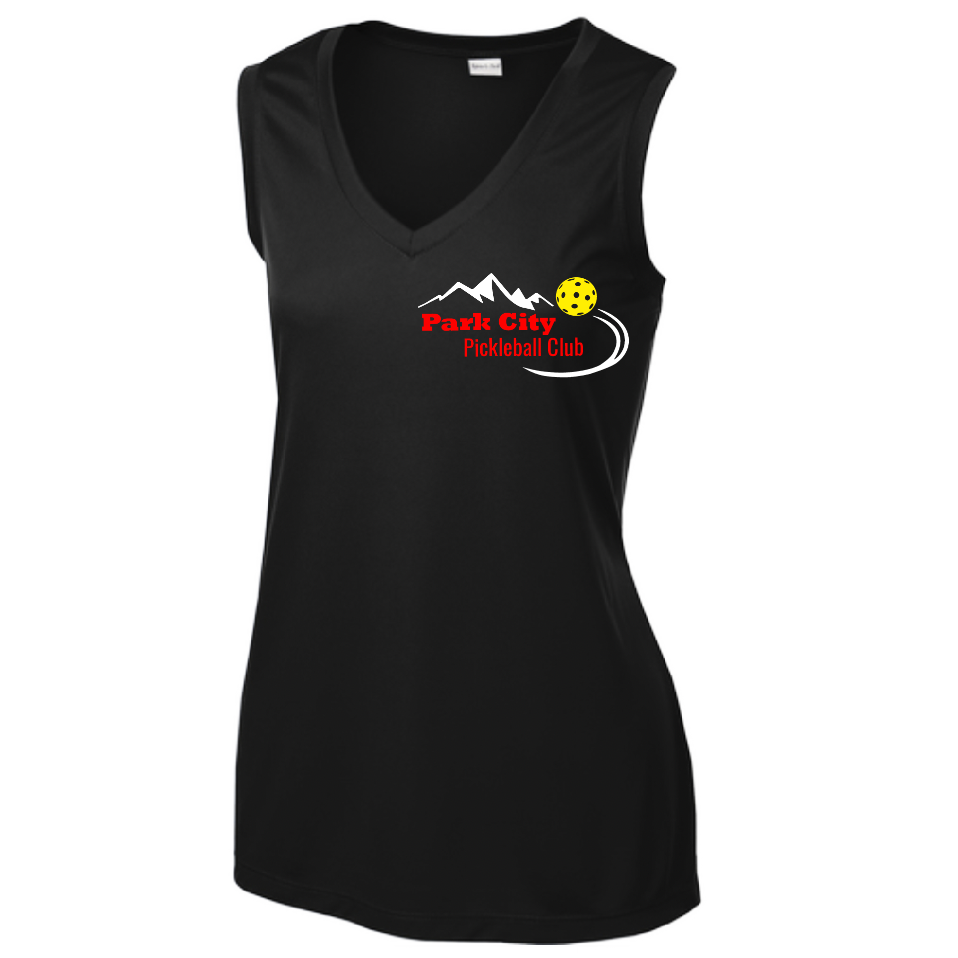 Pickleball Design: Park City Pickleball Club (red words)  Women's Style: Sleeveless Tank  Shirts are lightweight, roomy and highly breathable. These moisture-wicking shirts are designed for athletic performance. They feature PosiCharge technology to lock in color and prevent logos from fading. Removable tag and set-in sleeves for comfort.