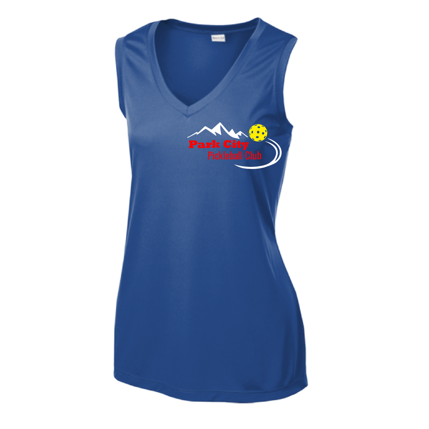 Pickleball Design: Park City Pickleball Club (red words)  Women's Style: Sleeveless Tank  Shirts are lightweight, roomy and highly breathable. These moisture-wicking shirts are designed for athletic performance. They feature PosiCharge technology to lock in color and prevent logos from fading. Removable tag and set-in sleeves for comfort.