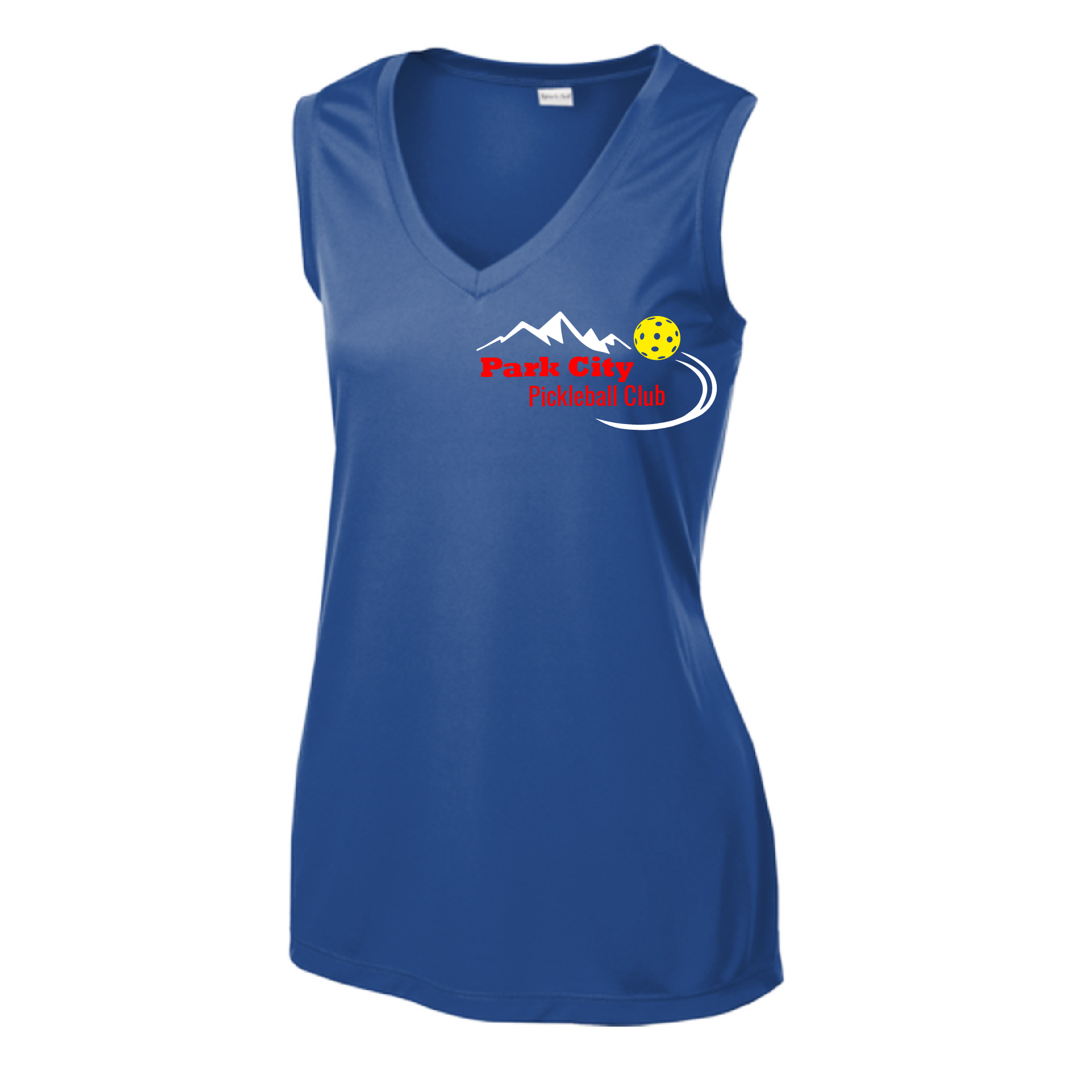 Pickleball Design: Park City Pickleball Club (red words)  Women's Style: Sleeveless Tank  Shirts are lightweight, roomy and highly breathable. These moisture-wicking shirts are designed for athletic performance. They feature PosiCharge technology to lock in color and prevent logos from fading. Removable tag and set-in sleeves for comfort.