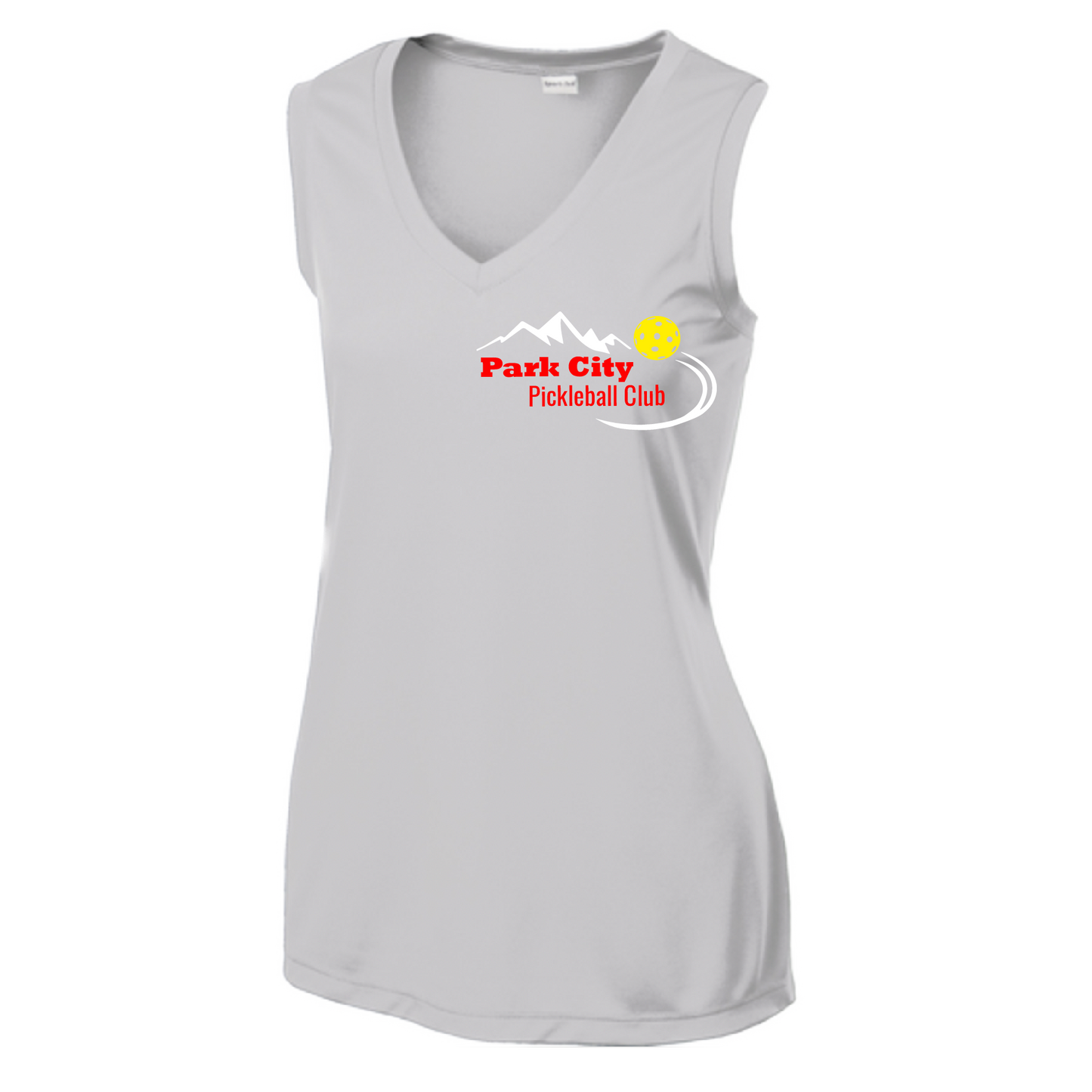 Pickleball Design: Park City Pickleball Club (red words)  Women's Style: Sleeveless Tank  Shirts are lightweight, roomy and highly breathable. These moisture-wicking shirts are designed for athletic performance. They feature PosiCharge technology to lock in color and prevent logos from fading. Removable tag and set-in sleeves for comfort.